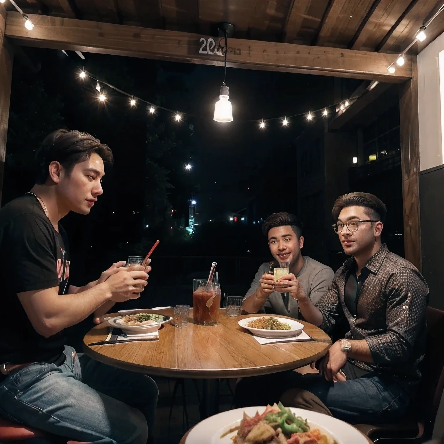 several men sitting at a table with plates of food and drinks, vacation photo, photo taken in 2 0 2 0, group photo, mukbang, reddit post, snapchat photo, profile picture 1024px, taken in the early 2020s, captured on iphone, 2019 trending photo, night!, nighttime!, eating camera pov
