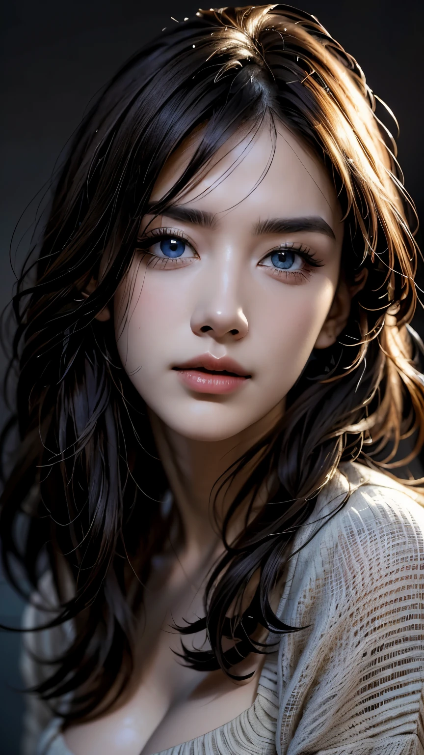 masterpiece, best quality, ultra-detailed, intricately detailed hyperdetailed, realistic, sharp features, highly detailed, sharp focus, perfect face, perfect face, perfect symmetrically perfect eyes, perfect full lips, flexible female form, cinematic, film light, hyper detailed, hyper realistic, high resolution, vibrant, dynamic studio lighting, ((Dark background)), Sexy face, Facial expressions when receiving pleasure, straight Bangs, Big breasts, Exposed cleavage, blue Eyes,black sweater, cowboy shot,