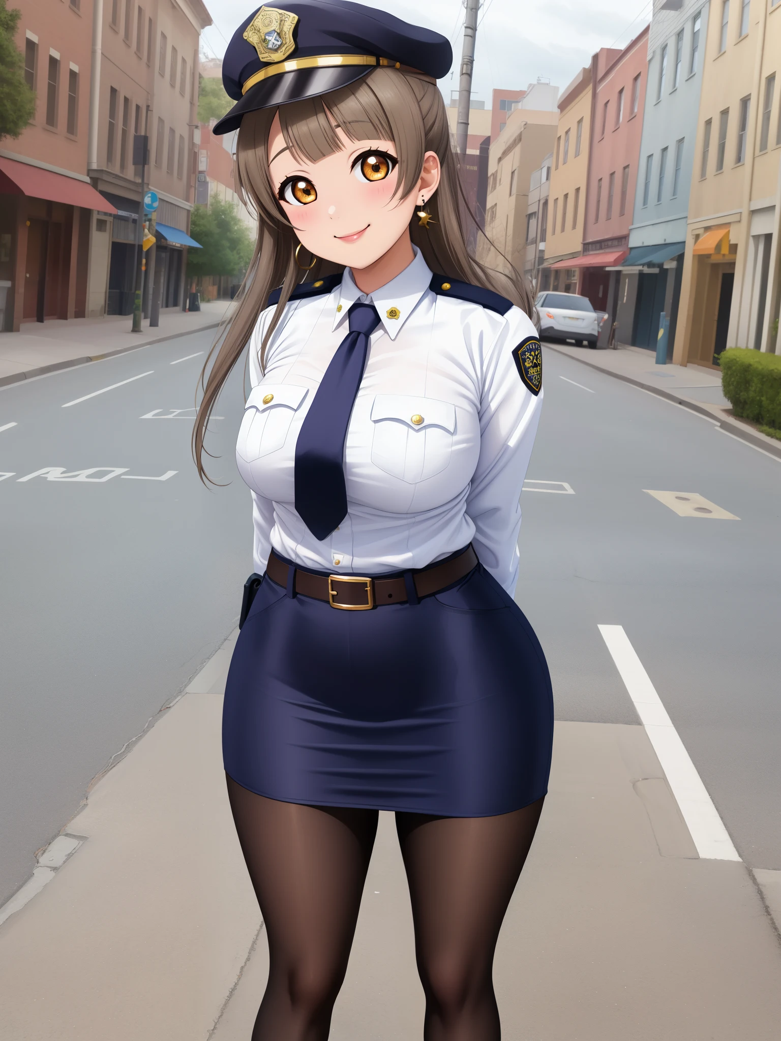 Masterpiece, best quality, solo, (detailed face), minami kotori, curvy body, smile ,white shirt,half sleeves,earrings,mini pencil skirt, necktie , standing,police cap,in street,looking at viewer, cowboy shot, thighs, wide hips , arms behind back ,solo focus ,belt, pantyhose , skin tight 