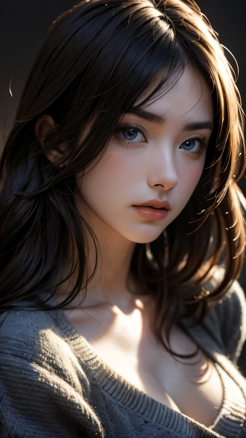 masterpiece, best quality, ultra-detailed, intricately detailed hyperdetailed, realistic, sharp features, highly detailed, sharp focus, perfect face, perfect face, perfect symmetrically perfect eyes, perfect full lips, flexible female form, cinematic, film light, hyper detailed, hyper realistic, high resolution, vibrant, dynamic studio lighting, ((Dark background)), Sexy face, Facial expressions when receiving pleasure, straight Bangs, Big breasts, Exposed cleavage, blue Eyes,black sweater, cowboy shot,