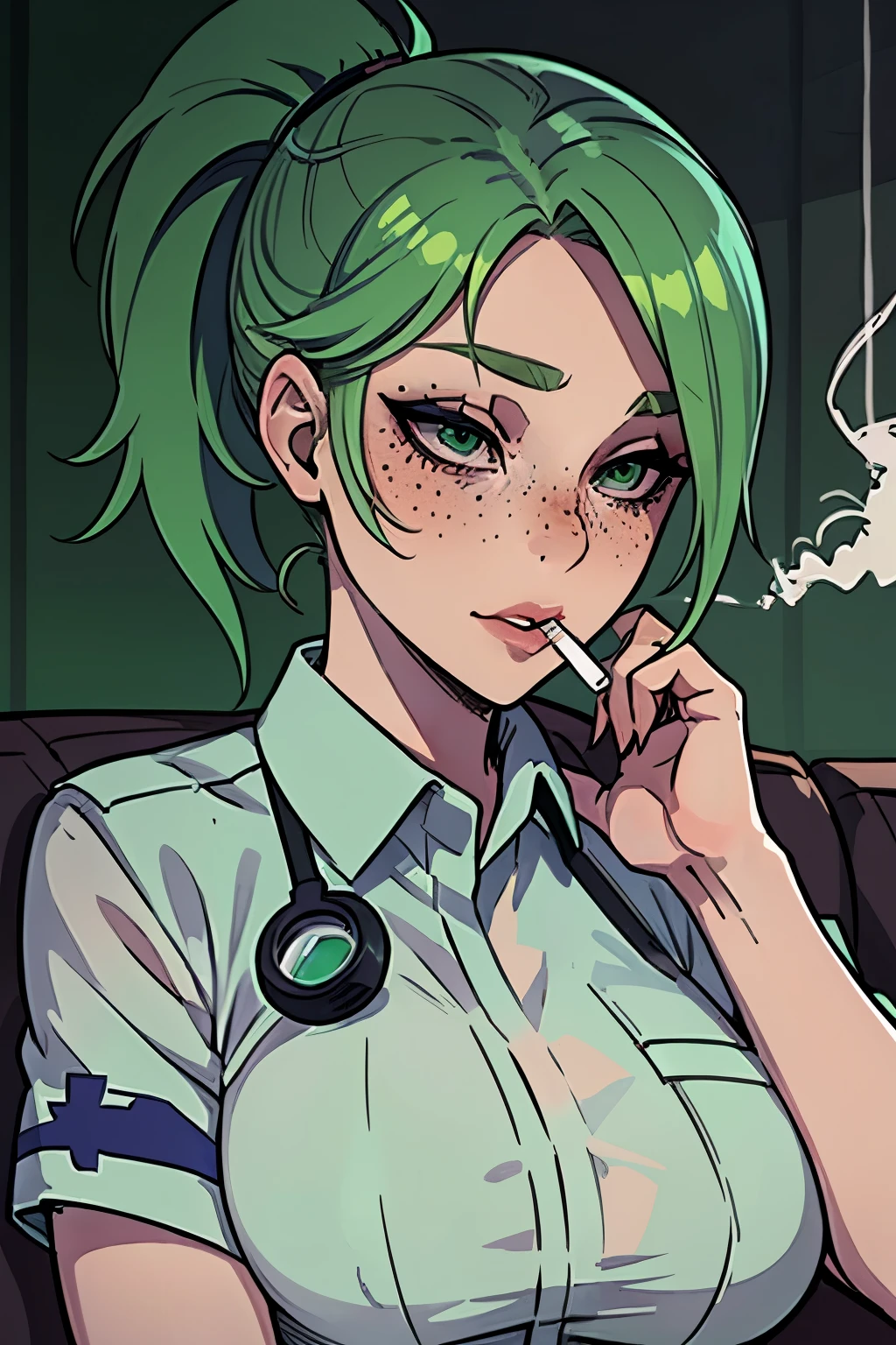 Masterpiece, best quality, college student, centered in frame, portrait, female, pale skin, stressed expression, stethoscope, busty, smoking cigarette, eye bags, nervous, peach lips, ponytail, pastel green hair, couch landscape, green eyes, paramedic uniform, green freckles, beautiful,