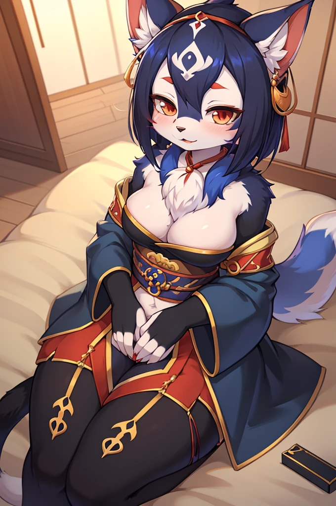 anime character with a cat mask and a cat tail, onmyoji, commission for high res, thicc, onmyoji portrait, pov furry art, onmyoji detailed art, (sfw) safe for work, full res, fullbody commission for, furr covering her chest, sfw version, thick furry neck and chest fluff, female furry mini cute style