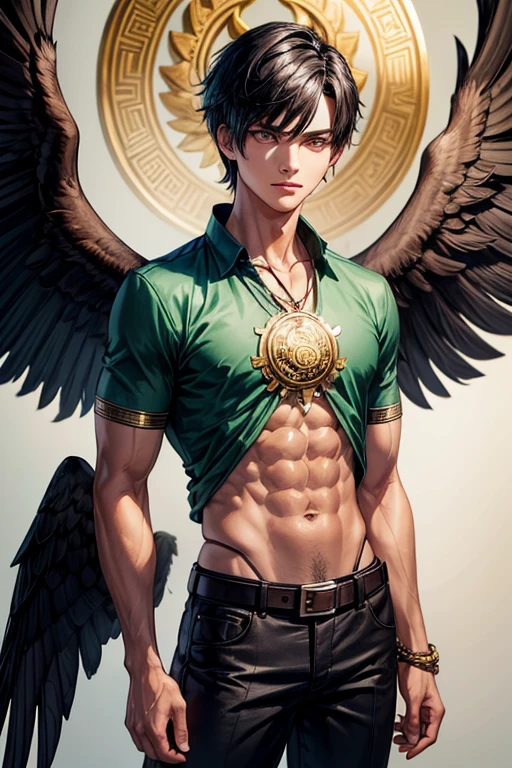 Boy with black hair, short green shirt, black pants, eagle belt, amarillo eyes, eagle wings on his back, brown feathers with red tips, muscular complexion, slim golden Aztec medallion
