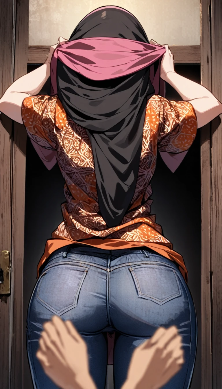 A woman locked up in the haunted office room, wearing hijab, batik shirt, pull down her sagging jeans, underwear accidentally exposed, hands on her head, close view, view from behind