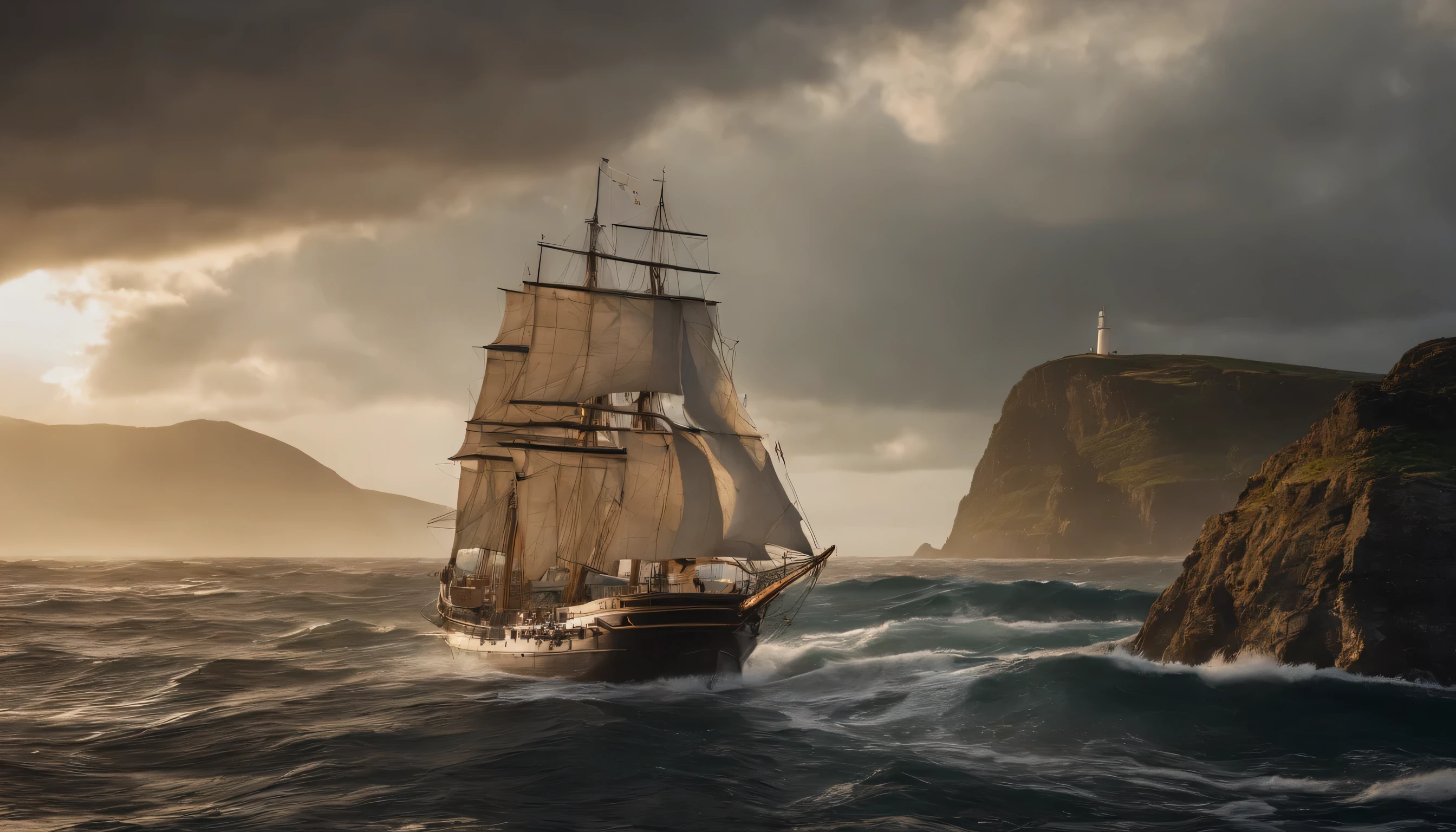 Draw a picturesque maritime scene with a humorous twist. Na imagem, a Nau Desgovernada, um barco de madeira notoriamente desajeitado, navega em um oceano agitado. The captain, with a perplexed expression on his face, He holds a clumsily drawn map as crew members cling to the ropes and try to keep their balance. The sky is overcast, But the sun appears timidly behind the clouds, illuminating the scene with an ironic touch of hope. Amid the confusion, a flag with the word 'Bananaland' is flown on the main mast, indicating the uncertain fate of this nautical comedy.