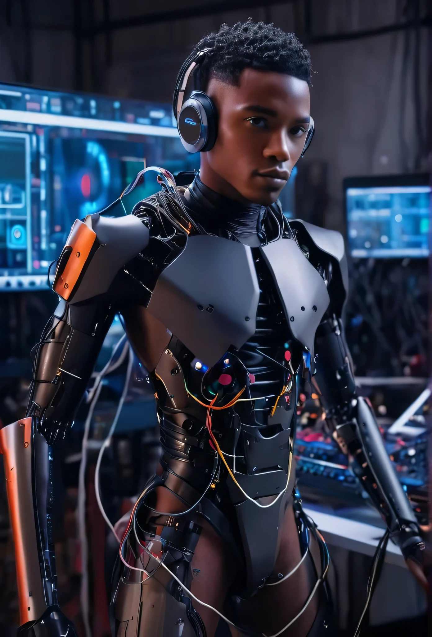 Un primer plano de un robot con cables en sus manos, Detalles de Cyborg y Wire, movie still of a cool cyborg, movie still of a cyborg, Un cyborg negro adolescente, movie still of a villain cyborg, Retrato detallado de un cyborg, cyborg macho, Retrato en primer plano de Cyborg, Retrato de un cyborg, ( ( Robots cyborgs ) ), cyborg macho