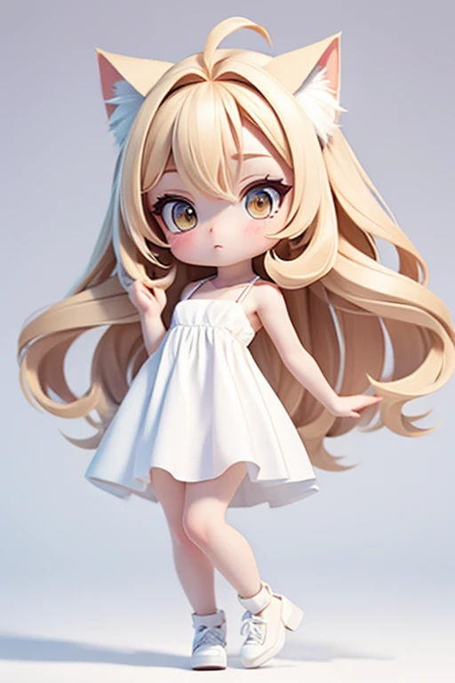 straight hair,whole body,White dress,blonde hair,white background,long hair,simple background,solo,1 girl,Cat ear,body in front,face forward. sprawled out,spread your arms out