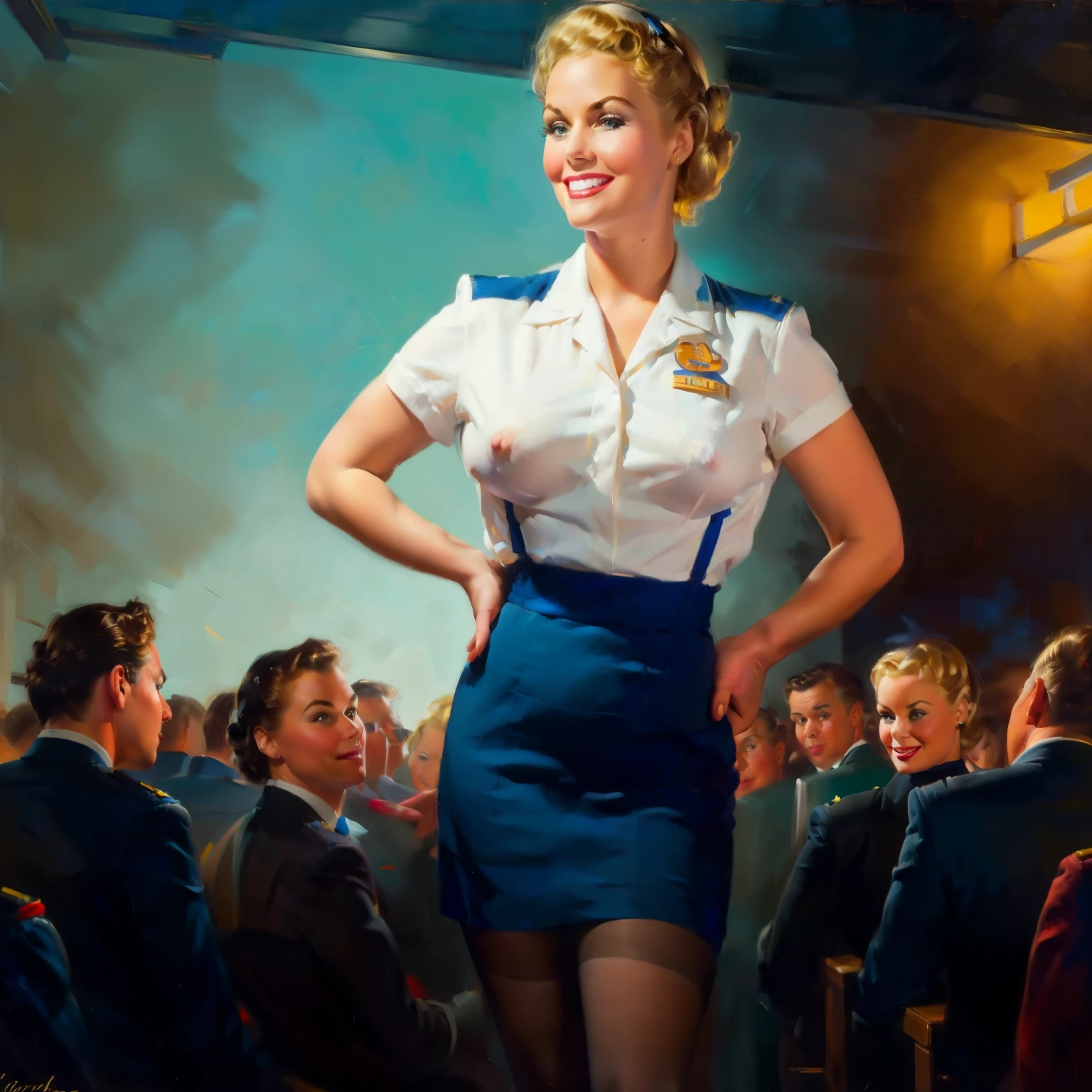 nsfw, photorealistic, beautiful face, (masterpiece:1.4), (best quality:1.4), extremely detailed, hyper-detailed, soft lighting, 38 years old beautiful 1950's pin-up stewardess standing in the aisle of a crowded airplane, big breasts, erected hard nipples, one short blonde hairbun, shaved pubic area, (perfect_face), dressed in an unbuttened white shirt and a darkblue flight attendant uniform, stewardess, lace stockings with suspender belt, high heels, golden jewellery, intricate, 4k, detailed_background, full_body, realistic, 8k, sexy, stressed smile, very stressed facial expression
