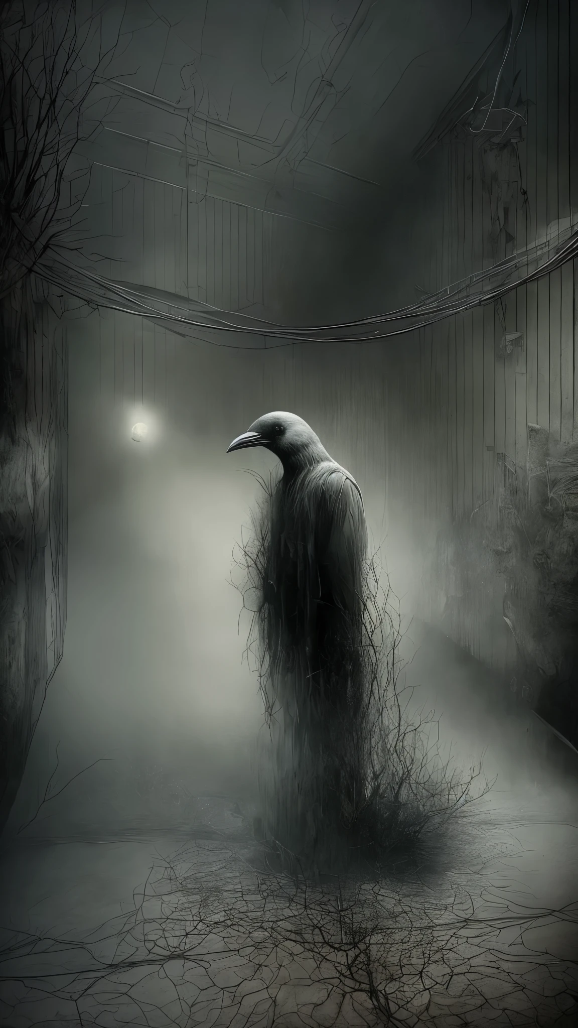 (best quality,4k,8k,highres,masterpiece:1.2),ultra-detailed,(realistic,photorealistic,photo-realistic:1.37),surrealism,faceless shadow,detailed eyes,beautiful detailed lips,white protective clothing,crows flying,left the subway,subway platform,narrow underground passage,winding stairs,dim lights,abandoned atmosphere,shadows and light contrast,unexpected encounter,mysterious aura,dark surrealism elements,twisted reality,strange and dreamlike setting,uncanny silence,mystical vibes,unsettling tension,unsettled emotions,emerging shadows,dark figures emerging from the darkness,haunting presence,surreal landscape,foggy mist,ethereal illusions,distorted perspectives,arcane symbolism,raven feathers,ominous atmosphere,ghostly whispers,dreamy and eerie atmosphere,unclear boundaries of reality and imagination,haunting beauty,mind-bending scenarios,spooky ambiance,otherworldly experience,ceiling dripping with water,melancholic mood,lonely and isolated feeling,industrial urban decay,hauntingly beautiful haunting presence,sublime beauty of the unknown,awe-inspiring imagery,mysterious and enigmatic scenes,enigmatic story waiting to be unravelled,visual paradoxes,chilling and captivating visual journey,contrast between light and darkness,vivid colors with desaturated tones,subtle hints of color to enhance atmosphere.