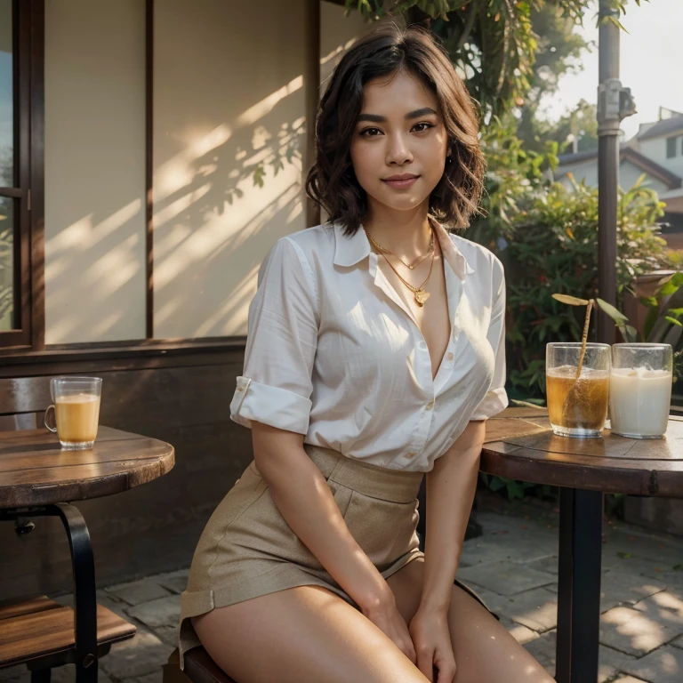 (in 8K, Raw-Photo, best quality, masterpiece:1.2), (epicrealism), (realism:1
6), 1 girl , 31yo, 3/4 body, a beauty, thai ancestry, beautiful thai girls, beautiful thai women, mestiza, perfect face, slim normal body, wolf cut, (wavy hair), bob cuts hair,(Cute smile), looking at viewer, blazers, tucked in shirts, short knee-length skirt, office outfit, professional look, A-cup, (gold necklace:1.2), ((The highest quality, 16 k, masterpiece: 1.3)), Biologically Correct Human, reference, detailed faces, luscious lips, detailed lips, detailed eyes, detailed hair, glittering eyes, realistic pupils, outdoor, sitting, elegance, at the coffee shop, light on the face, dynamic lighting, sunrise, bright white ambient light, backlight, summer, dynamic background