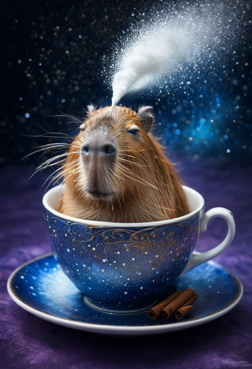 A Capybara, capybara, Capybara sleeping in teacup; cascading sugar;; blowing mist;; cinnamon cobalt and ivory, endless starscape, intricately detailed, fantasy, hyperdetailed, 8k resolution, masterpiece, stunning splash art Jordan Grimmer, Ross Tran,, and Vilijus Vaisvila, crescendo, Beautiful, complex, vibrant, brushstrokes, magical aura, perfect