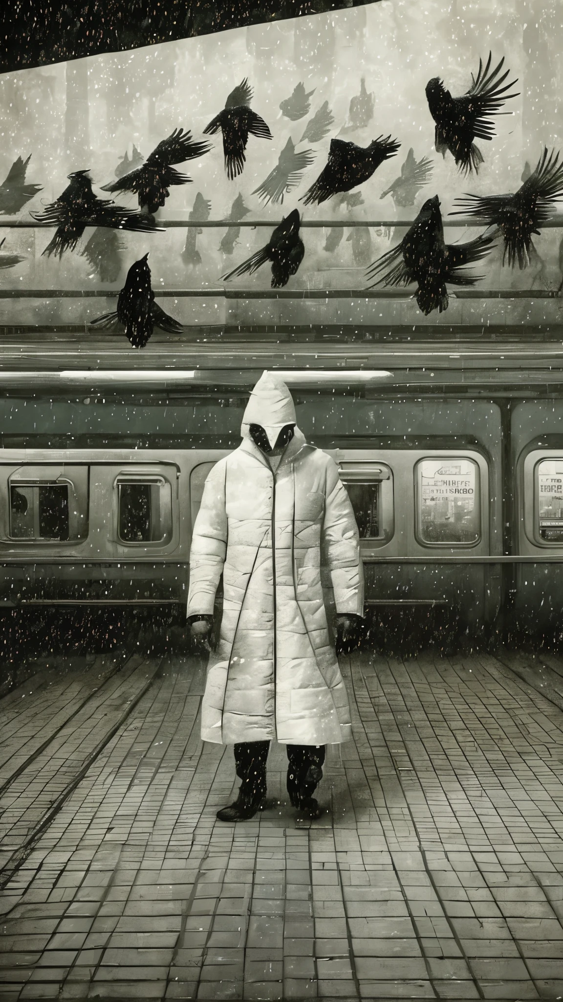 surrealism, Faceless shadow, wearing white protective clothing, There are crows flying. left the subway.