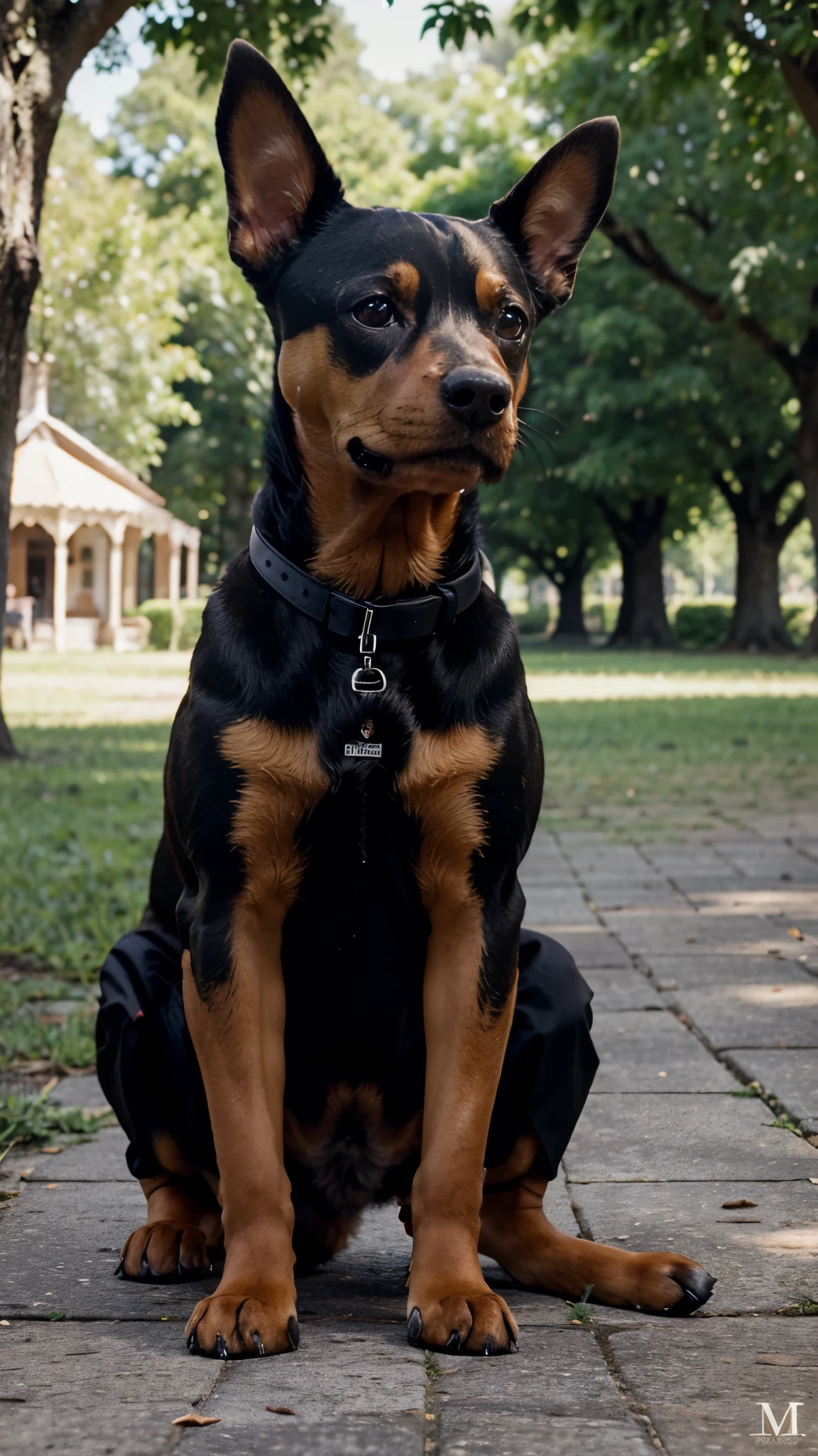 Chien, pinscher nain, marron clair, portait, ultra realistic in a park