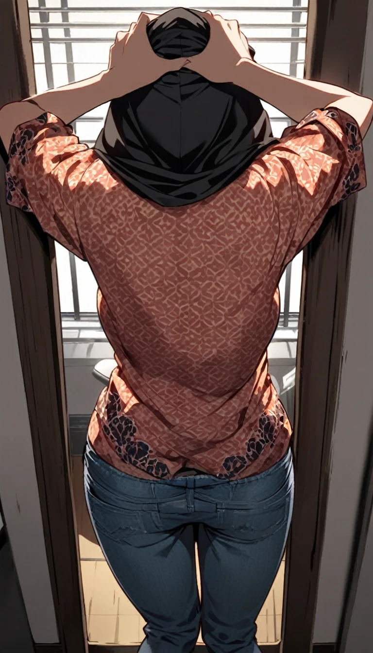 A woman locked up in the haunted office room, wearing hijab, batik shirt, pull down her sagging jeans, her shorts accidentally exposed, hands on her head, view from behind 