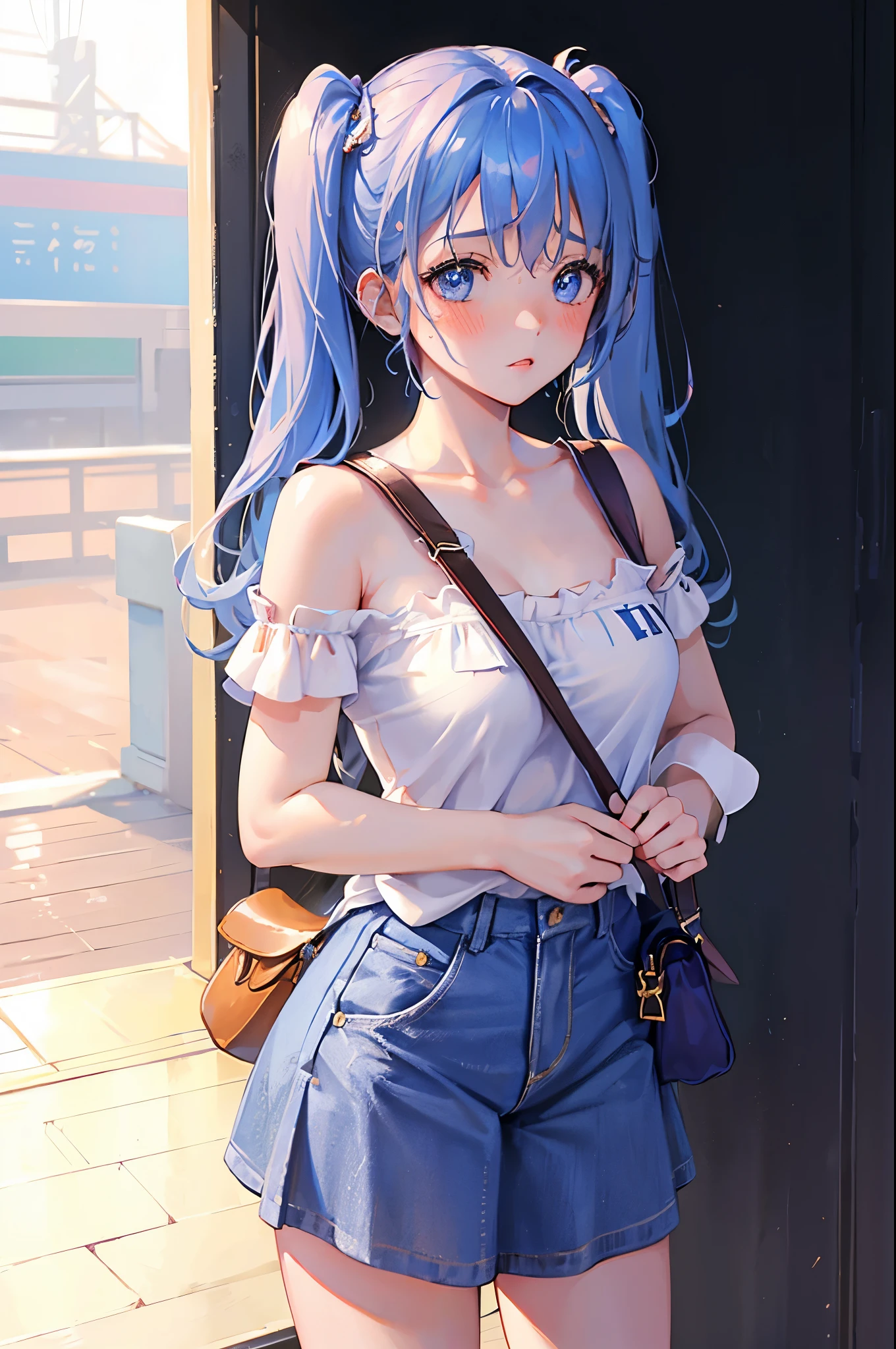 (1girl solo:1.2), cowboy shot (dutch angle from above:1.2), looking at viewer, pov,shoulder bag strap between breasts paisura
(walking on stairs:1.2) in train station platform, railing, white t-shirt, jeans, shoulder bag strap between breasts paisura, 8K, highest quality, masterpiece, super detailed、bright blue hair、medium long hair、twin tails、young face、、full lips、Pale blue eyes、、blush、lipstick、medium breasts、perfect hands、detailed hands,, loose clothes, blush, sweatdrop, pumps, 8K, highest quality, masterpiece, super detailed、bright blue hair、medium long hair、twin tails、young face、17 years oldale blue eyes、、blush、lipstick、medium breasts、perfect hands、detailed hands,shoulder bag strap between breasts paisura、shoulder bag strap between breasts paisura