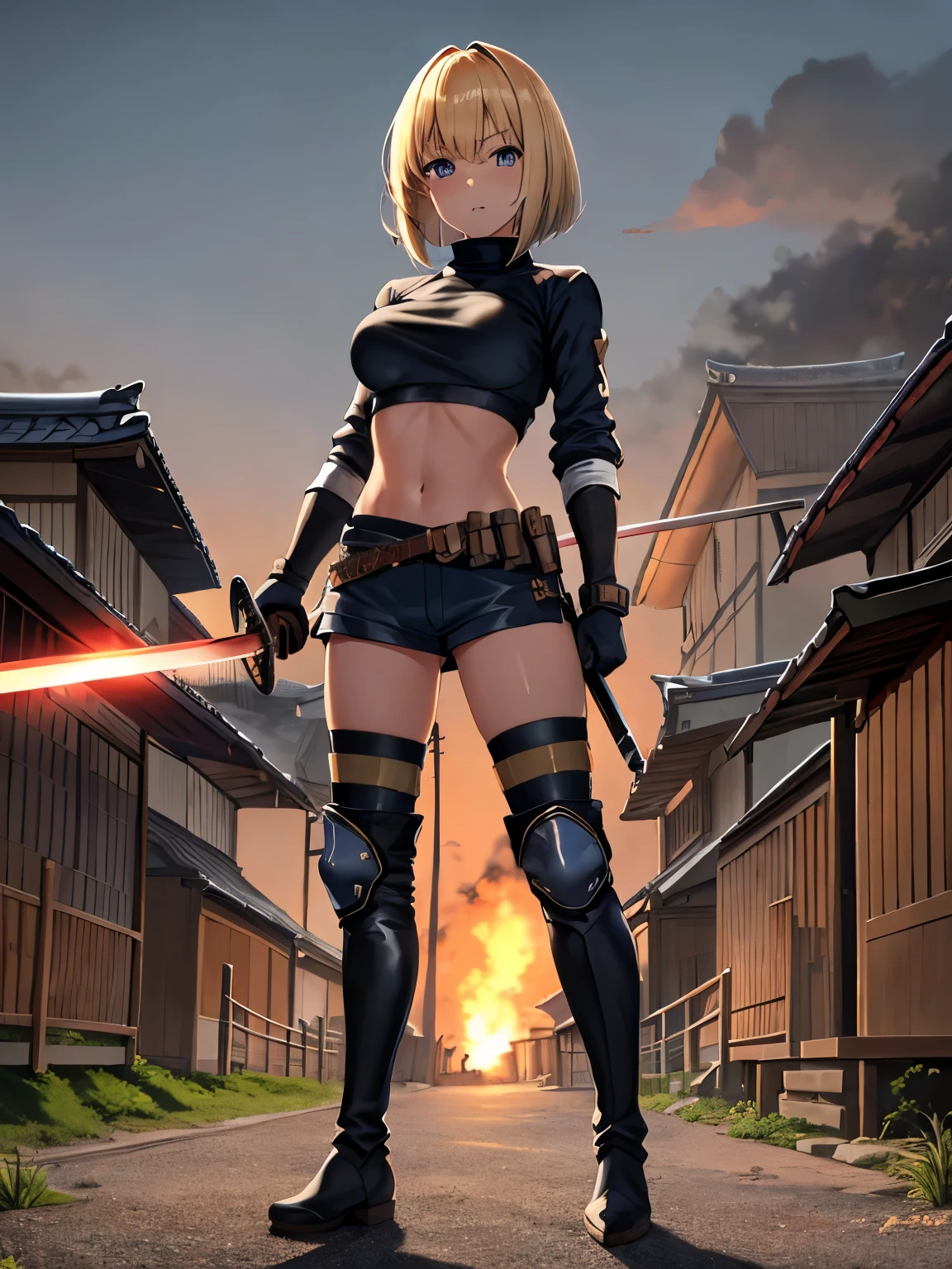 1girl, blonde_hair, blue_eyes, boots, breasts, clenched hand, clenched hands, crop top, full body, gloves, knee boots, medium hair, medium breasts, midriff, navel, bob hair, solo, standing, thighhighs, turtleneck, black leotard, ninja, holding a samurai sword, katana, glowing sword, burning japanese village backdrop, danger atmosphere, grim, stance