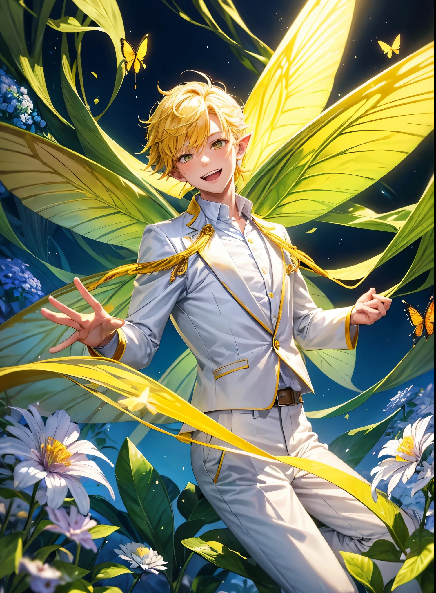 a boy wearing a white shirt, white trousers and a yellow jacket, bright yellow hair, big yellow eyes, a lot of flowers around, a magic forest background, pointy ears, butterfly style fairy wings, magic powder, flying, (An ultra-high picture quality), ultra detailed, hdr, smiling