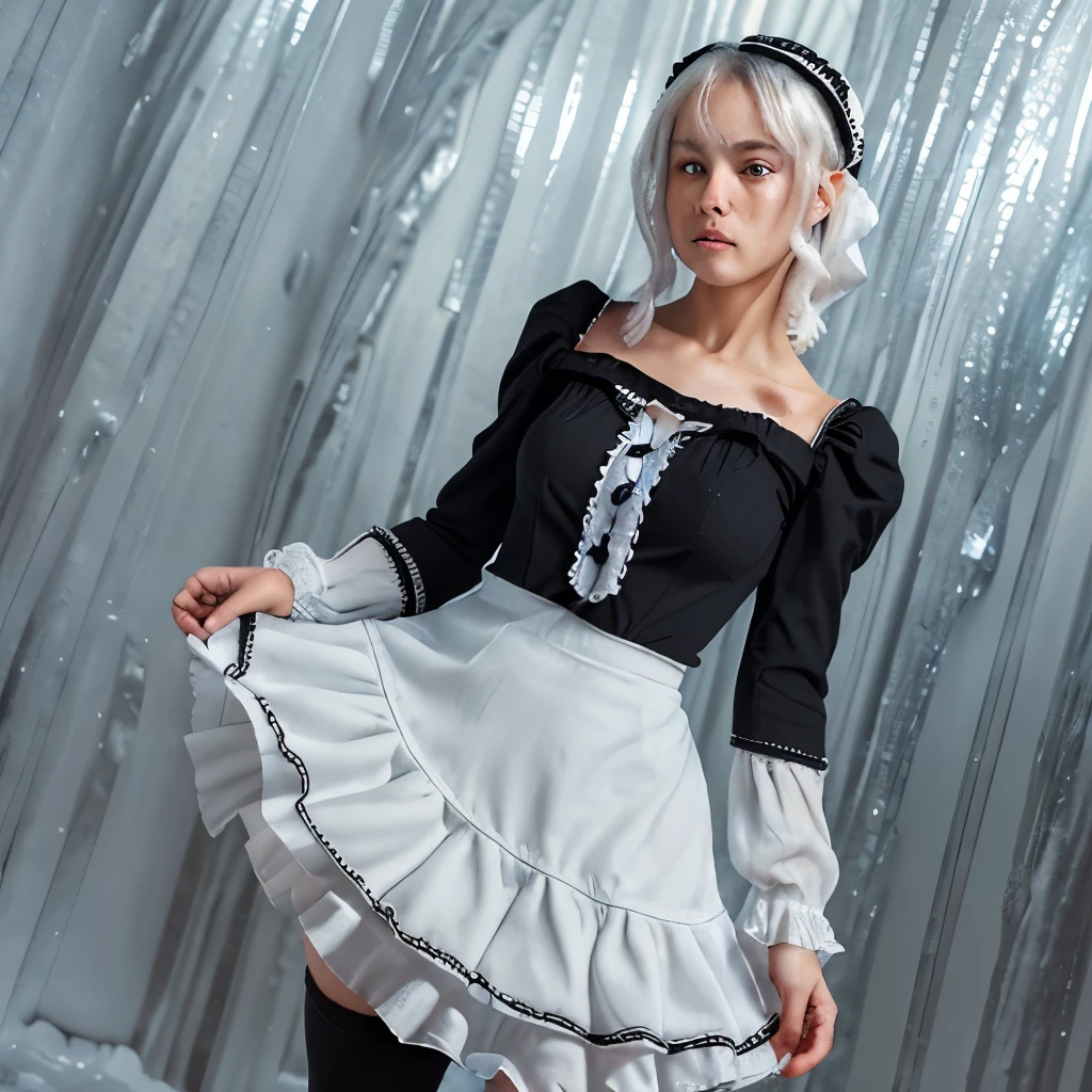 Uma Jovem com longos cabelos BRANCOS,olhos vermelhos frios, icy expression, a white maid dress with delicate ruffles on the sleeves and skirt Her white and black leggings hugged her legs perfectly , e seus saltos Preto Brilhante,Anime WAIFU