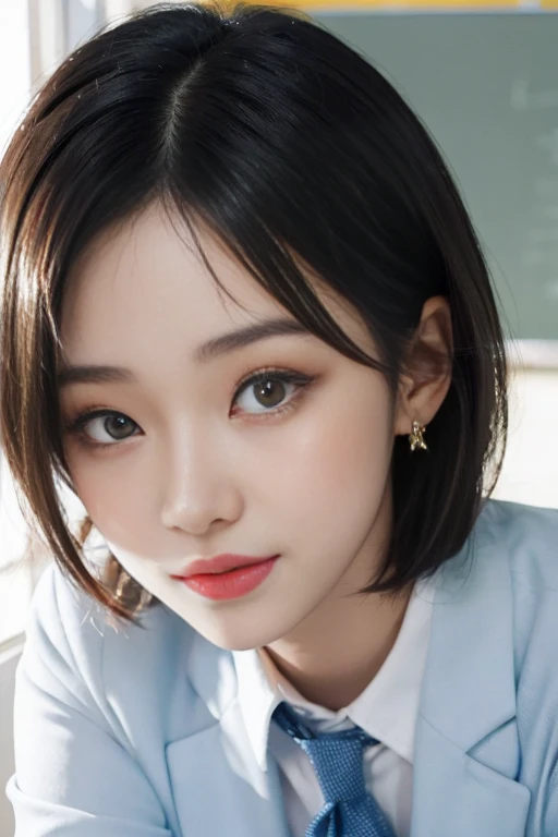 8k RAW photo, High resolution, A cool 21 year old Korean, Big round breasts, , tie, tie ribbon, blazer, skirt, Beautiful eyes in every detail, Long eyelashes, Beautiful double eyelids, eye shadow, Long, narrow eyes, Three white eyes, Heavy eye makeup, Wicked Smile, Beautiful slim legs, Short hair tied back, Earrings, School classroom,((((Close-up of face)))),(((She has very fair skin:1.4)))