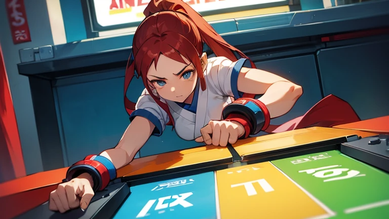 (A girl with a Street Fighter character is playing a game),Arcade,Hit the button hard,arcade game,
