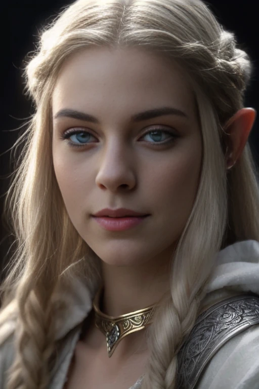 a close up of a woman with long blonde hair and a necklace, of an elden ring elf, portrait of an elf, a portrait of an elf, elven character with smirk, female elf, elf girl, side portrait of elven royalty, portrait of very beautiful elf, cinematic realistic portrait, hyperrealistic fantasy art, elven