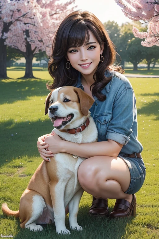 (best quality,4k,8k,highres,masterpiece:1.2),ultra-detailed,(realistic,photorealistic,photo-realistic:1.37),Lisa Ann,playing with a puppy,beautiful smile,sparkling eyes,curly hair,pastoral scenery,green grass,flowering trees,colorful flowers,sunny day,joyful atmosphere,nature's embrace,gentle breeze,bright daylight,kid-friendly park,peaceful surroundings,vivid colors,soft and warm lighting,Lisa's attractive appearance,puppy's adorable face,puppy's wagging tail,Lisa's playful interaction with the puppy,Lisa dressed in casual clothing,natural poses,authentic emotions,puppy's happy and energetic nature,petting and cuddling the puppy,connecting with nature and animals,happiness and companionship,harmony between Lisa and the puppy,blissful connection,playful atmosphere,pure happiness,cute and heartwarming scene,loving friendship,endless joy,cherishing the present moment,wonderful memories to cherish.