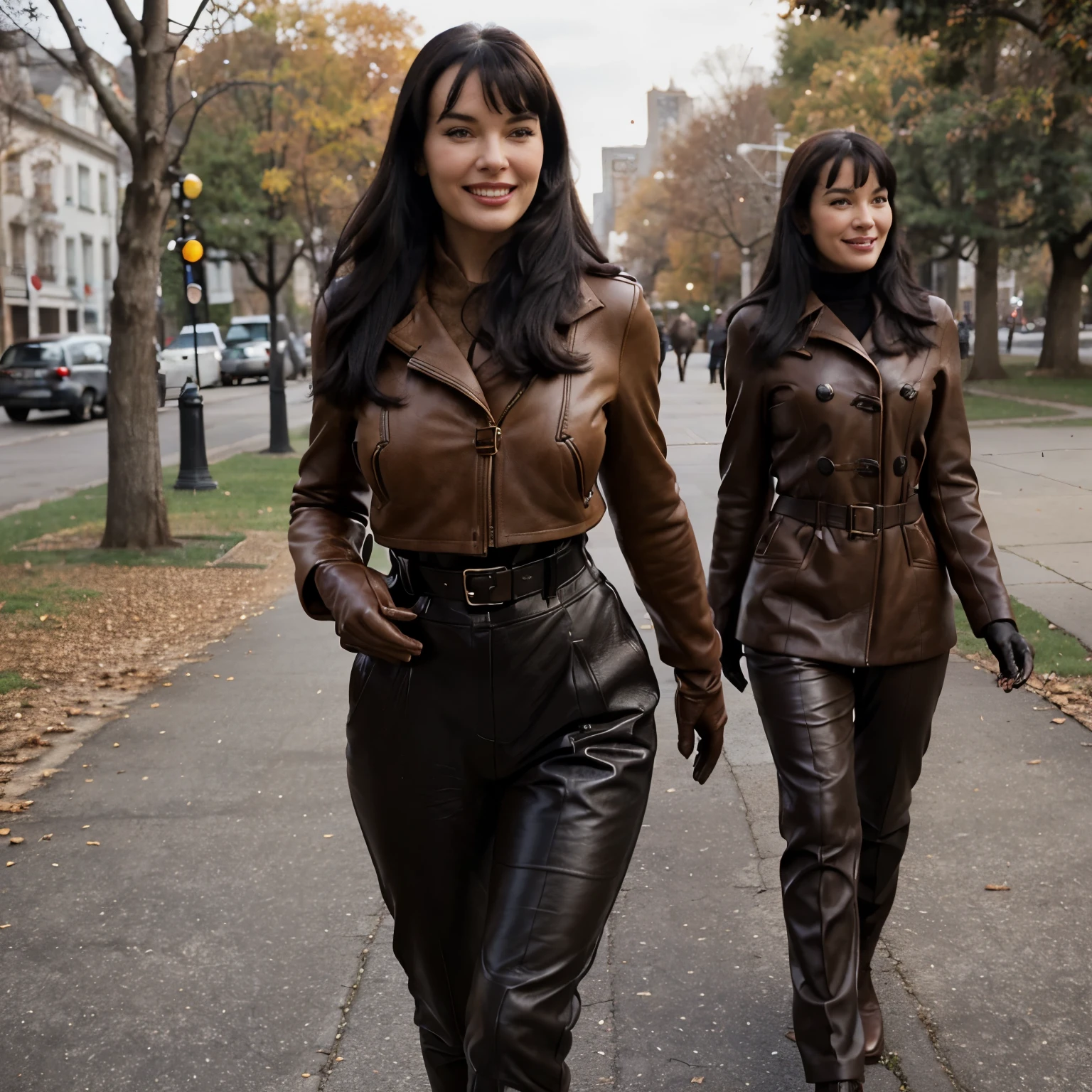 smiling Bettie Page  walking in the park. Close photo. Long black hair. Wearing maxy brown coat, ((brown leather gloves)), trousers and pulover. handbag over her shoulders,Winter. Perfect slim body anatomy. Photorealistic. Realistic colors. Realistic lights. Masterpiece. Realistic anatomy. Highly detailed. Realistic details. High quality.