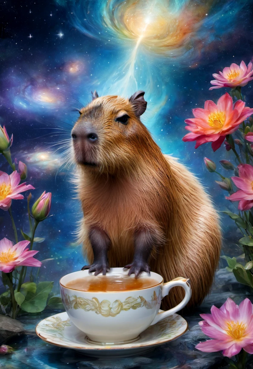 A Capybara, capybara, Capybara sleeping in teacup; cascading sugar;; blowing mist;; cinnamon cobalt and ivory, endless starscape, intricately detailed, fantasy, hyperdetailed, 8k resolution, masterpiece, stunning splash art Jordan Grimmer, Ross Tran,, and Vilijus Vaisvila, crescendo, Beautiful, complex, vibrant, brushstrokes, magical aura, perfect