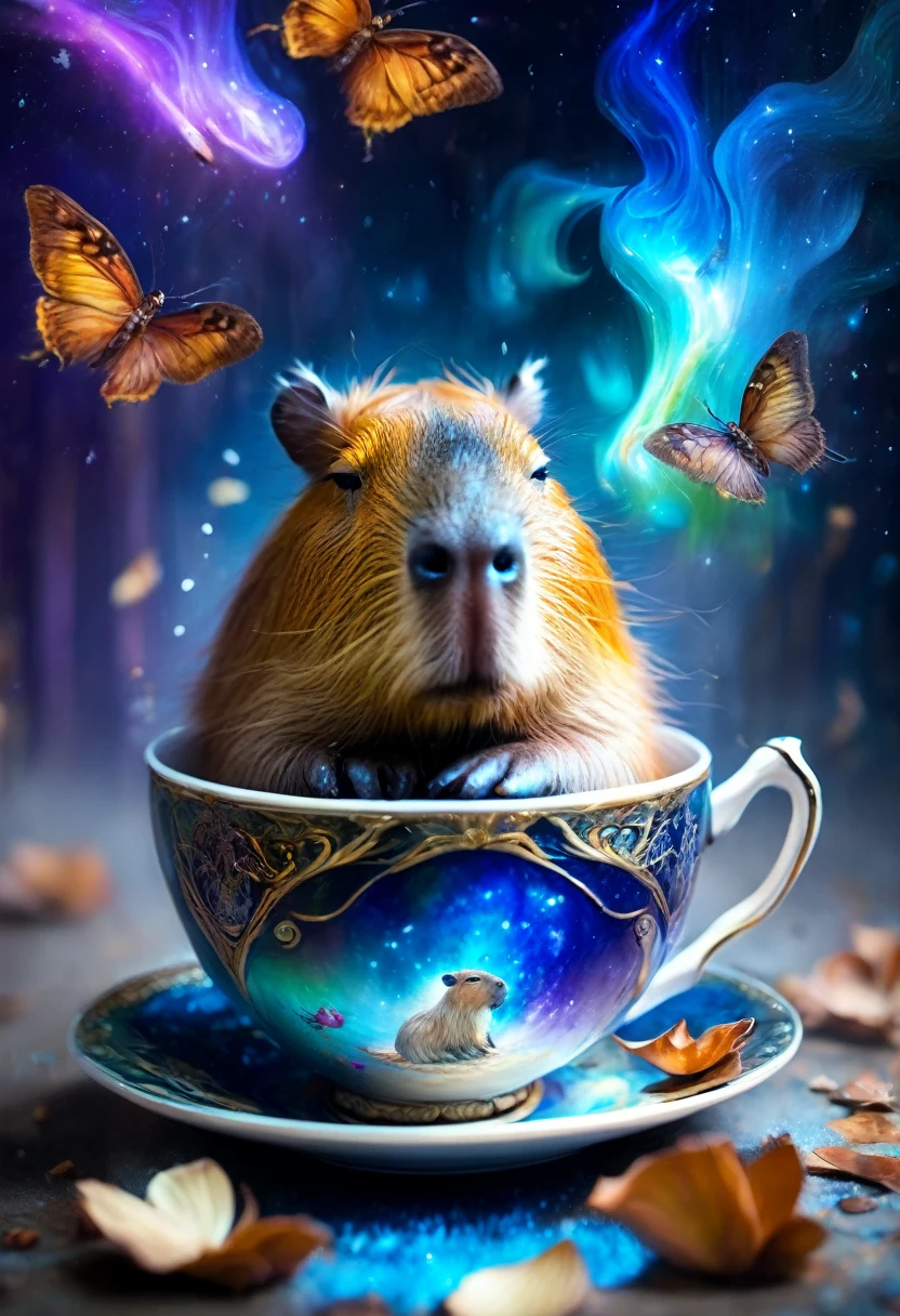 A Capybara, capybara, Capybara sleeping in teacup; cascading sugar;; blowing mist;; cinnamon cobalt and ivory, endless starscape, intricately detailed, fantasy, hyperdetailed, 8k resolution, masterpiece, stunning splash art Jordan Grimmer, Ross Tran,, and Vilijus Vaisvila, crescendo, Beautiful, complex, vibrant, brushstrokes, magical aura, perfect