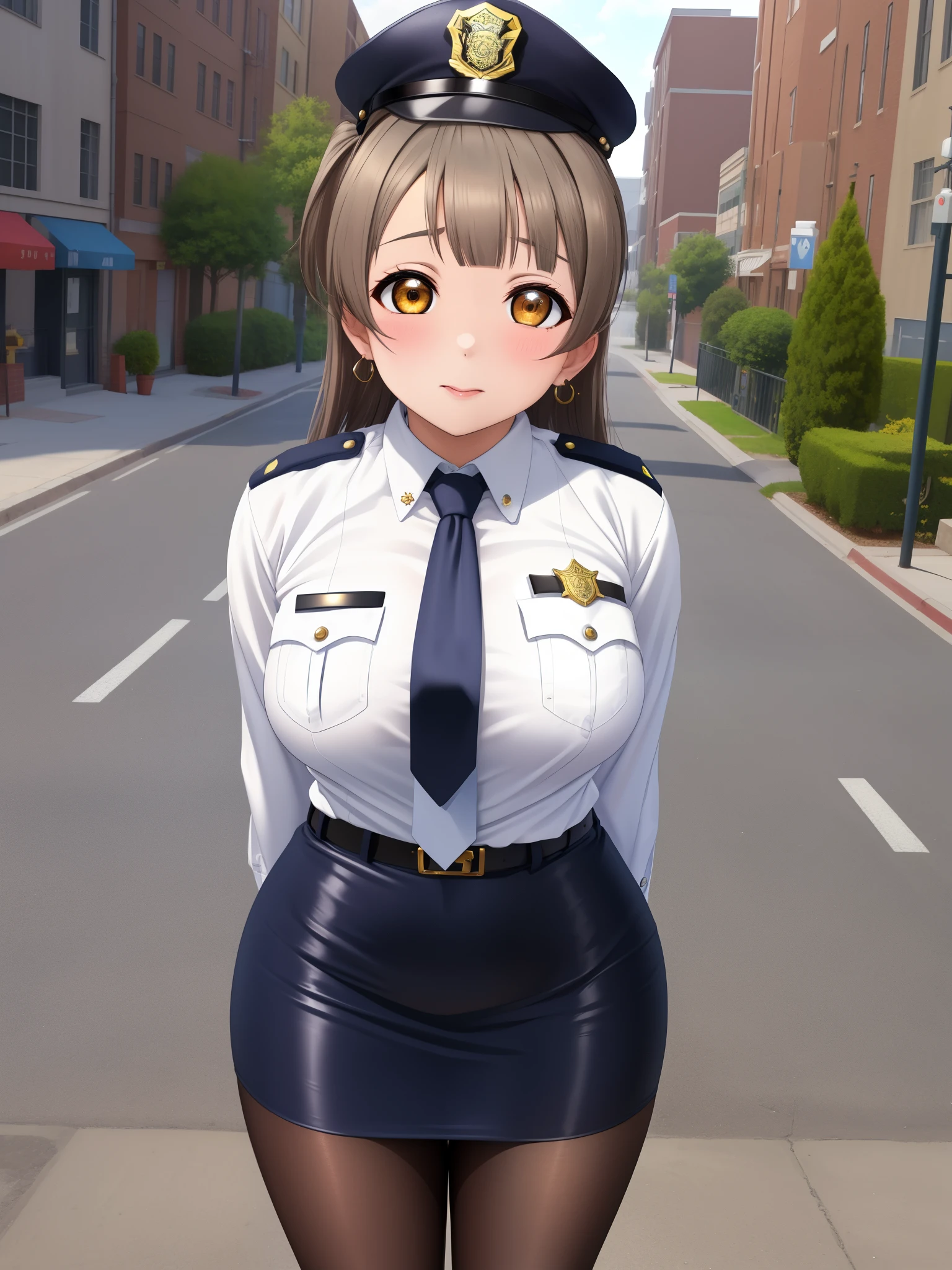 Masterpiece, best quality, solo, (detailed face), minami kotori, curvy body ,white shirt,half sleeves,earrings,mini pencil skirt, necktie , standing,police cap,in street,looking at viewer, cowboy shot, thighs, wide hips , arms behind back ,solo ,belt, pantyhose , skin tight ,pov after sex, begging 