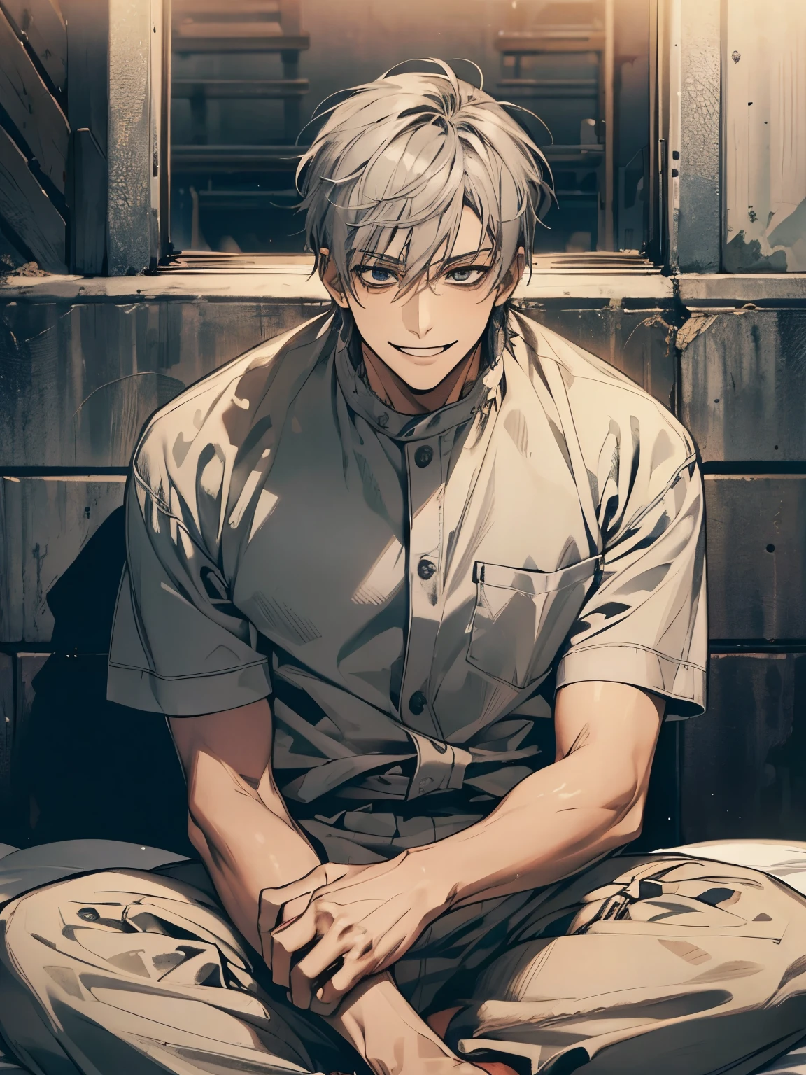 (masterpiece Best quality), alone, 1 man, smiling pervert, sitting on a bed, in a cell, with short gray hair, wearing a prison uniform.
