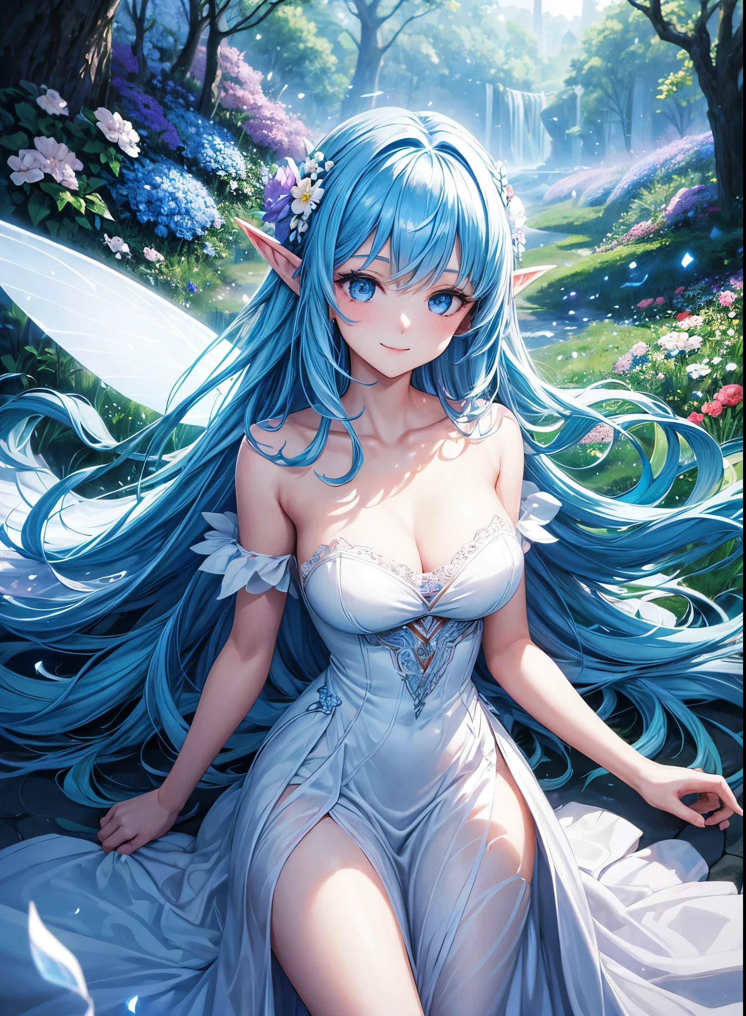 a girl wearing a white dress with flowers, bright blue hair, big blue eyes, a lot of flowers around, a magic forest background, pointy ears, fairy wings, magic powder, flying, (An ultra-high picture quality), ultra detailed, hdr, normal breasts, smiling