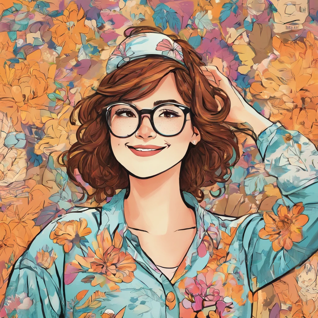 sorridente, wear glasses, has brown hair with a white strand behind her ear, adolescente, branca bem jovem, cabelos grandes