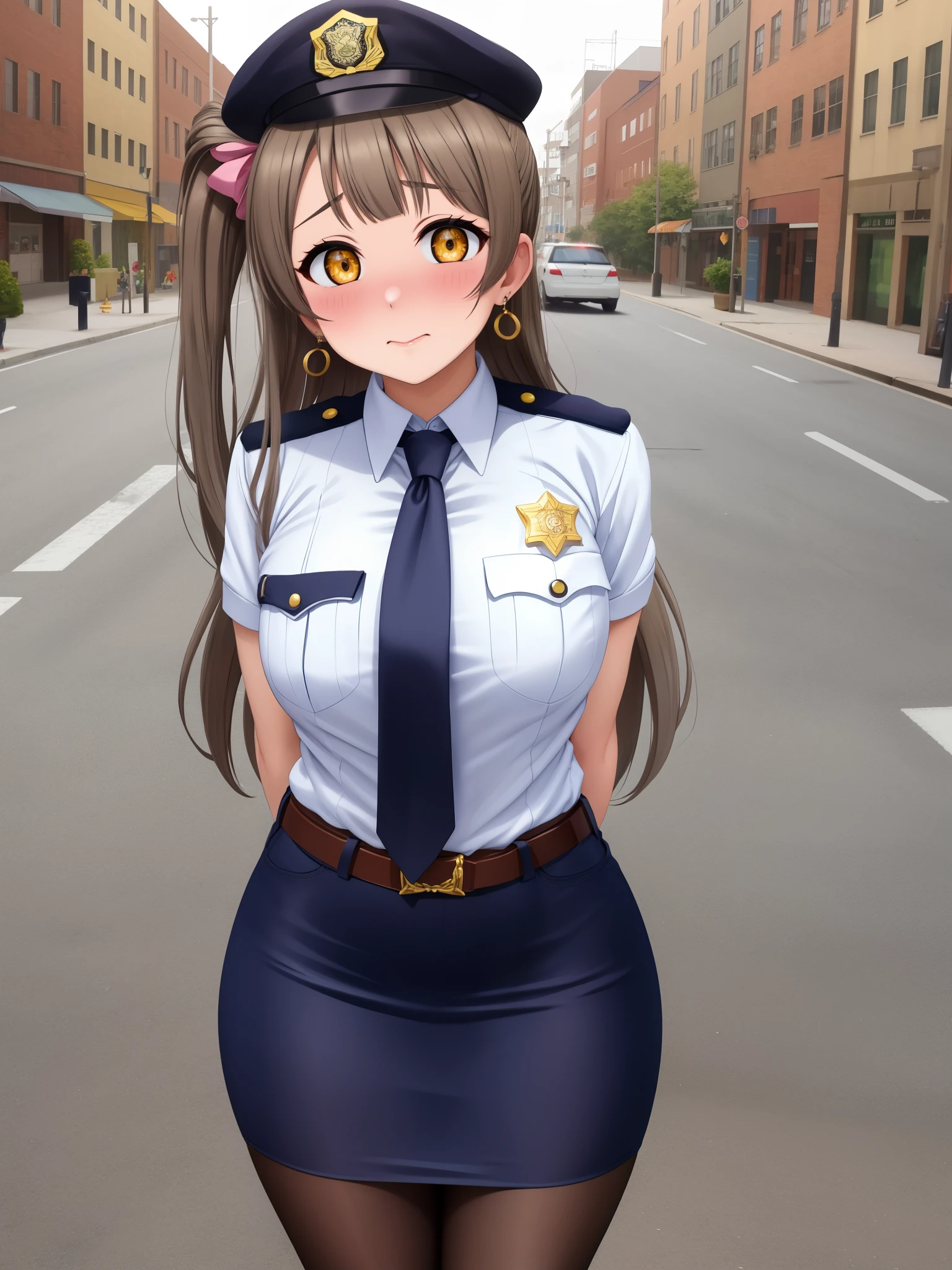 Masterpiece, best quality, solo, (detailed face), minami kotori, curvy body ,white shirt,half sleeves,earrings,mini pencil skirt, necktie , standing,police cap,in street,looking at viewer, cowboy shot, thighs, wide hips , arms behind back ,solo ,belt, pantyhose , skin tight ,pov after sex, begging , embarrassed,shy pose