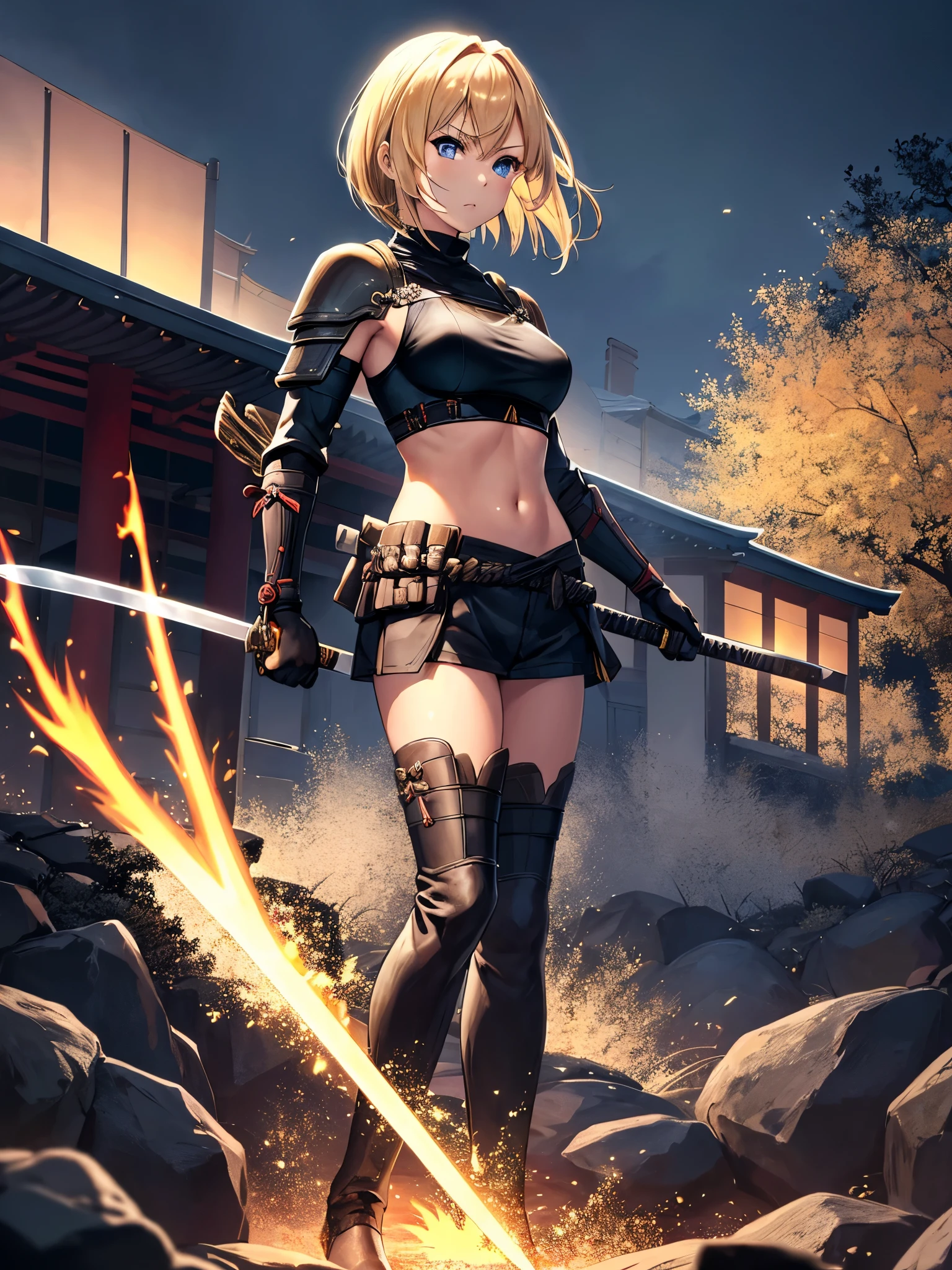 masterpiece, best quality, 1girl, blonde_hair, blue_eyes, boots, breasts, clenched hand, clenched hands, crop top, full body, gloves, knee boots, medium hair, medium breasts, midriff, navel, bob hair, solo, standing, thighhighs, turtleneck, black leotard, ninja, using a samurai sword, katana, glowing sword, burning japanese village backdrop, danger atmosphere, grim, stance