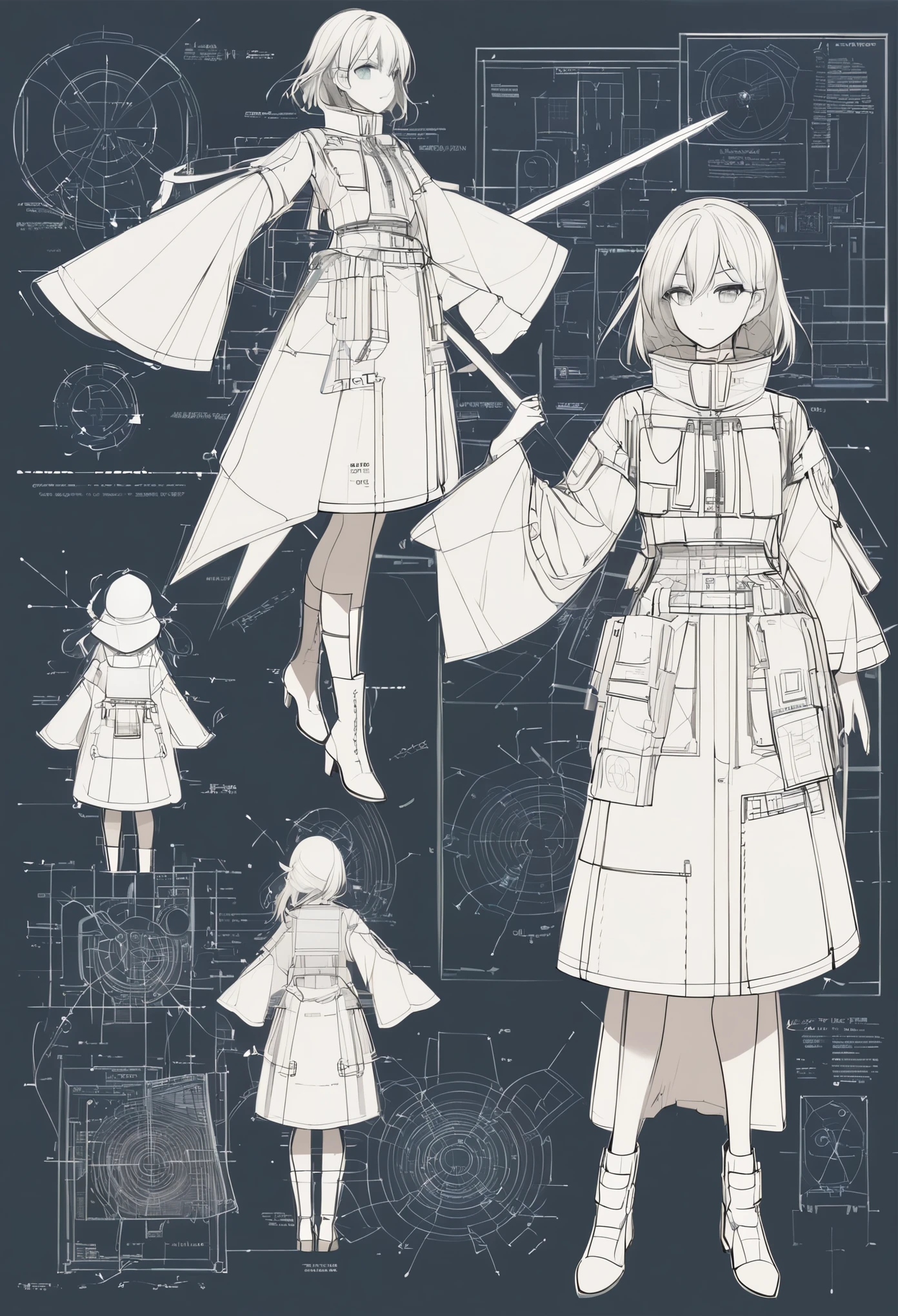blueprint of a lineart girl, multiple perspectives, schematics, labels, full body, lineart, sharp lines, crisp,