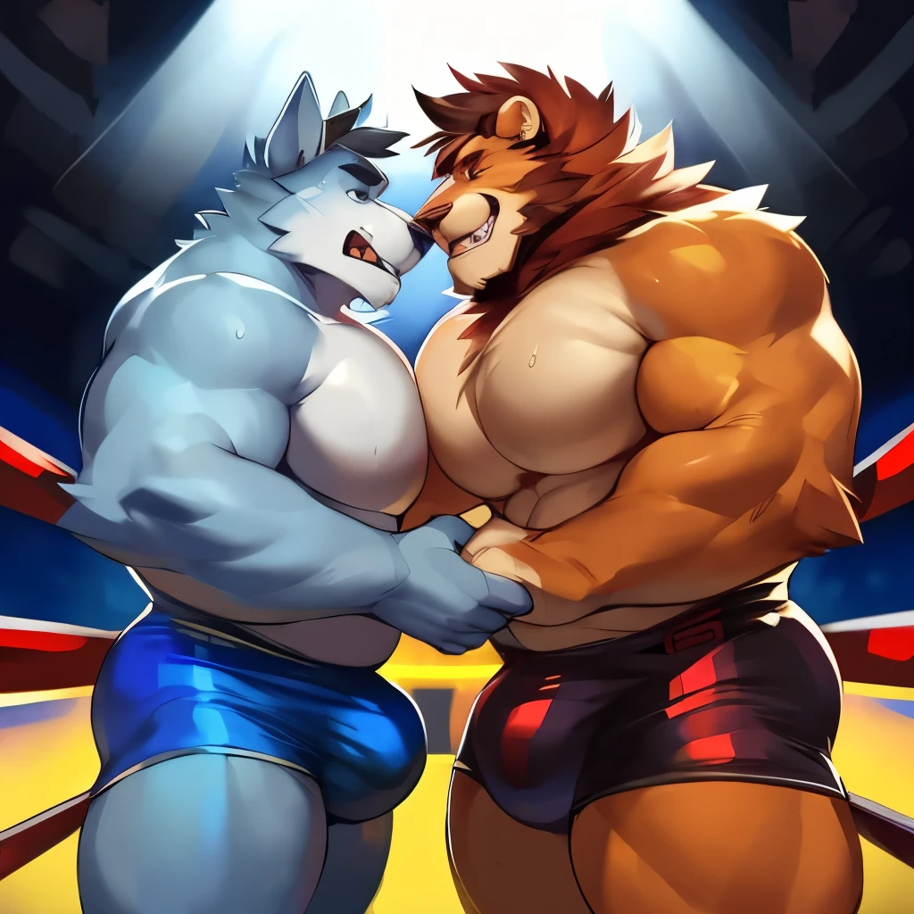 Duel, male, muscular, giant, intense staredown, enormous, buff, strong, massive biceps, massive pecs, bruises, sweat, blood, Wolf vs Lion, wearing boxers, massive bulges, bulge touch, dad bods, growling at each other, by darkgem, by mystikfox61, by glitter trap boy, wrestling ring, angered expressions
