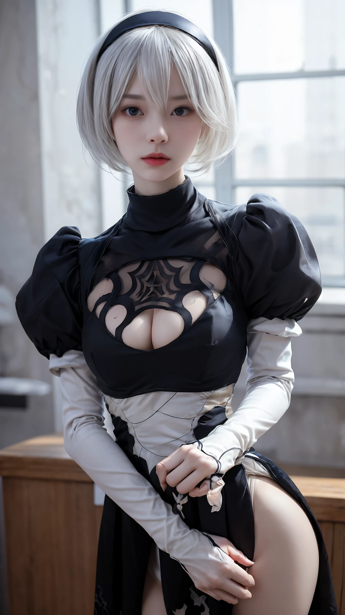 nier:Beautiful cosplay of 2B from Automata、A woman cosplaying as 2B、White skin、tall、Great style、Small face、Sharp Eye、Beautiful Face、Beautiful face、23 years old、British women、Half British、nier:2B&#39;s black costume from Automata、Light background、FantasyなWhite churchの中を背景に、White churchの真ん中にかっこよく立ってハンサムポーズ、Shooting from a diagonal angle、masterpiece、highest quality、high resolution、Fantasy、Glare、Anime Cosplay Makeup、Real Cosplay Photo、Cool and beautiful photos、Portrait、handsome pose、Wrapped in a pale white glow、like、happiness、Kindness、Smoothly rendered