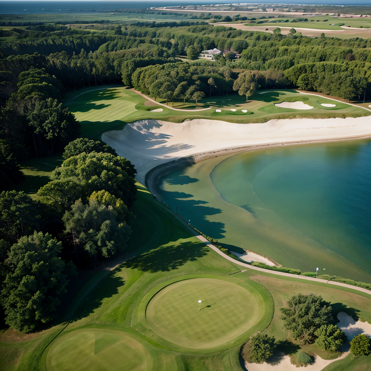 realistic photo of golf course on a sunny day from above near sea shore high resolution professional shooting