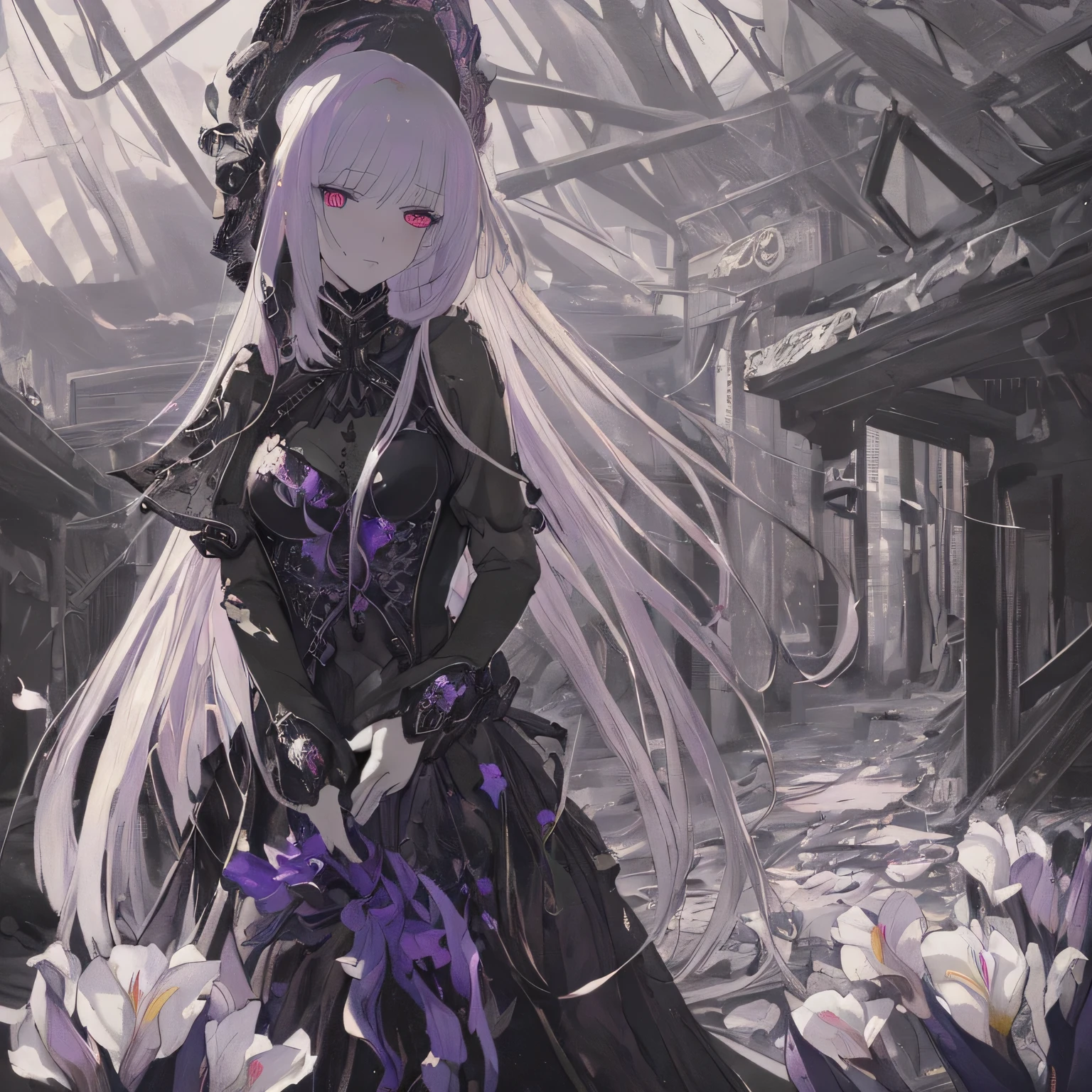 Artwork with a Colchicum motif, ((highest quality)), High resolution, 8k, Cinematic Light, High Contrast, Written boundary depth, Strong brilliance, Detailed Background, One Girl, cute, fine grain, Shining Eyes, Detailed Iris,poison,Cold-Hearted Killer、insanity