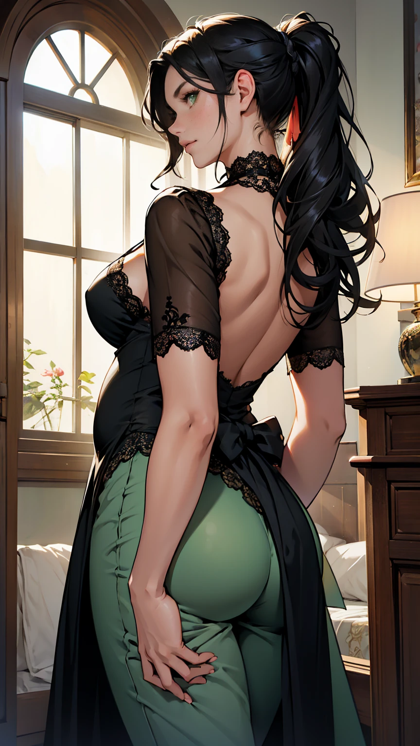 (masterpiece, Best quality, a high resolution, ultra detailed),(beautiful and aesthetically pleasing:1.2), 1 woman, adult woman, black wavy hair, green eyes, tall long tail, Lethargic, gentle face,(slight smile:0.8) detailed eyes and face, perfect body, bare neck, Silk camisole, with lace trim, Pettipants, boudoir, looking over your shoulder, back focus, back to camera, Early pregnancy