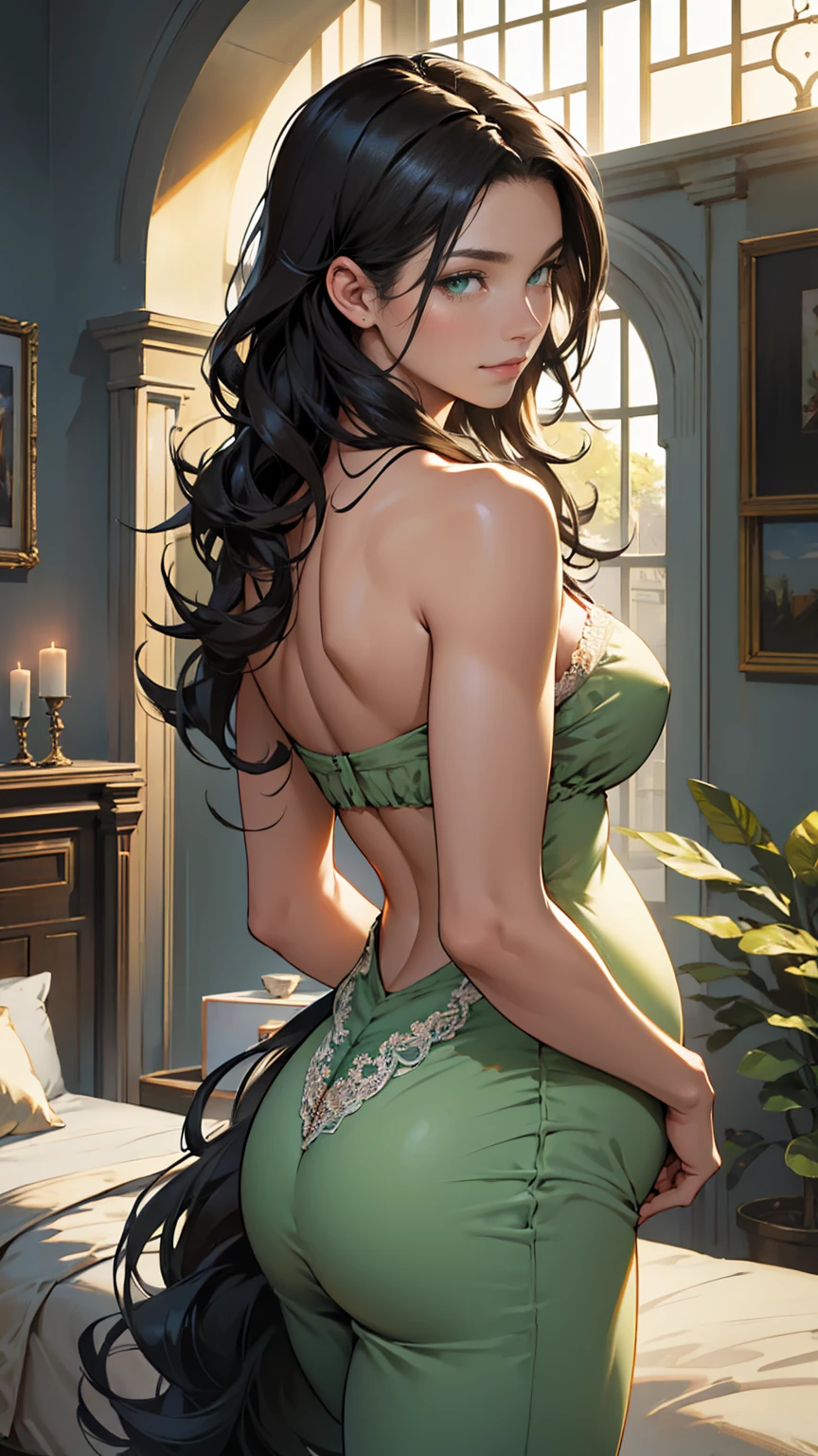 (masterpiece, Best quality, a high resolution, ultra detailed),(beautiful and aesthetically pleasing:1.2), 1 woman, adult woman, black wavy hair, green eyes, tall long tail, Lethargic,  gentle face,(slight smile:0.8) detailed eyes and face, perfect body,  bare neck, Silk camisole, with lace trim, Pettipants, boudoir, looking over your shoulder, back focus, back to camera, Early pregnancy 