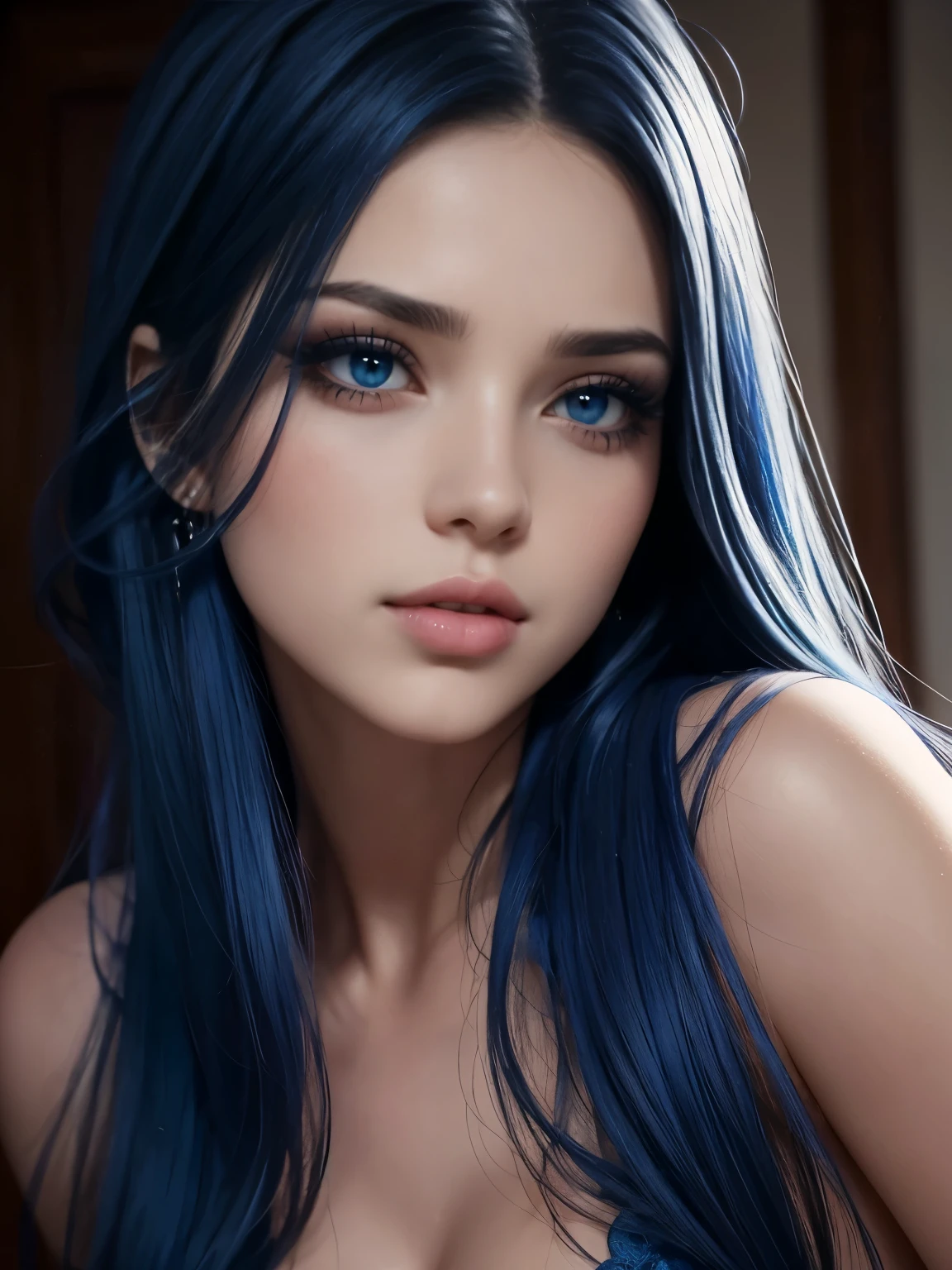 1 girl, 25 years old, multi-colored hair, long hair, blue eyes, (detailed eyes), (beautiful detailed face:1.0), (realistic), single focus, single background, female focus, (masterpiece:1.0), (best quality:1.0), (8k wallpaper:1.0), perfect nose, no bra, perfect body, big breasts, prominent collarbone,