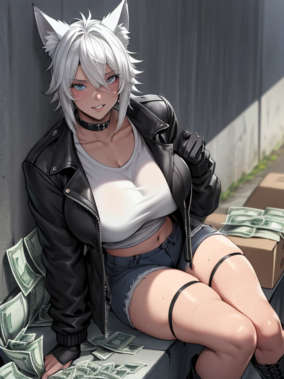 Single girl, Anime tomboy, Short, Long white hair, wolf ears, wolf tail, blue eyes, thigh high fishnets, black combat boots, wearing fur lined open jacket, nude, solo tomboy, only one female ((big breasts)) solo, alone, (SOLO)(ALONE) thicc thighs, wide hips, blue eyes, perfect eyes, perfect face, full lips, happy, white shirt, black cutoff shorts, midriff, cleavage, perfect detailed face, ((sweat)), aftersex, alley, modern grey walls, (prostitution), (((holding money in hand))), (((money))), dollar, ((after prostitution)), ((sitting on a box)), (exhausted), (sweat),