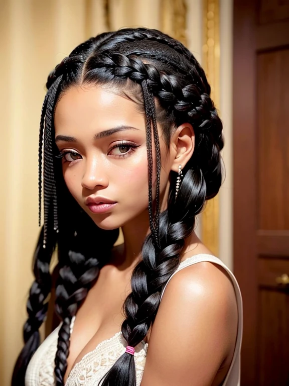A refined description of the scene you described:

A black woman with hair braided in an intricate and elegant style is depicted in a stunning scene. Your braided hair displays a variety of patterns and textures, demonstrating skill and art in creating the hairstyle.

The woman is portrayed with a confident and proud posture, destacando sua beleza e autenticidade. Your facial features are distinct and expressive, reflecting your individuality and inner strength.

The scene is softly lit, highlighting the details of the braided hair and the beauty of the woman. Your presence is captivating, conveying a sense of grace and determination.

This depiction of a black woman with braided hair is a celebration of black culture and beauty., capturing the elegance and pride of a traditionally significant hairstyle.