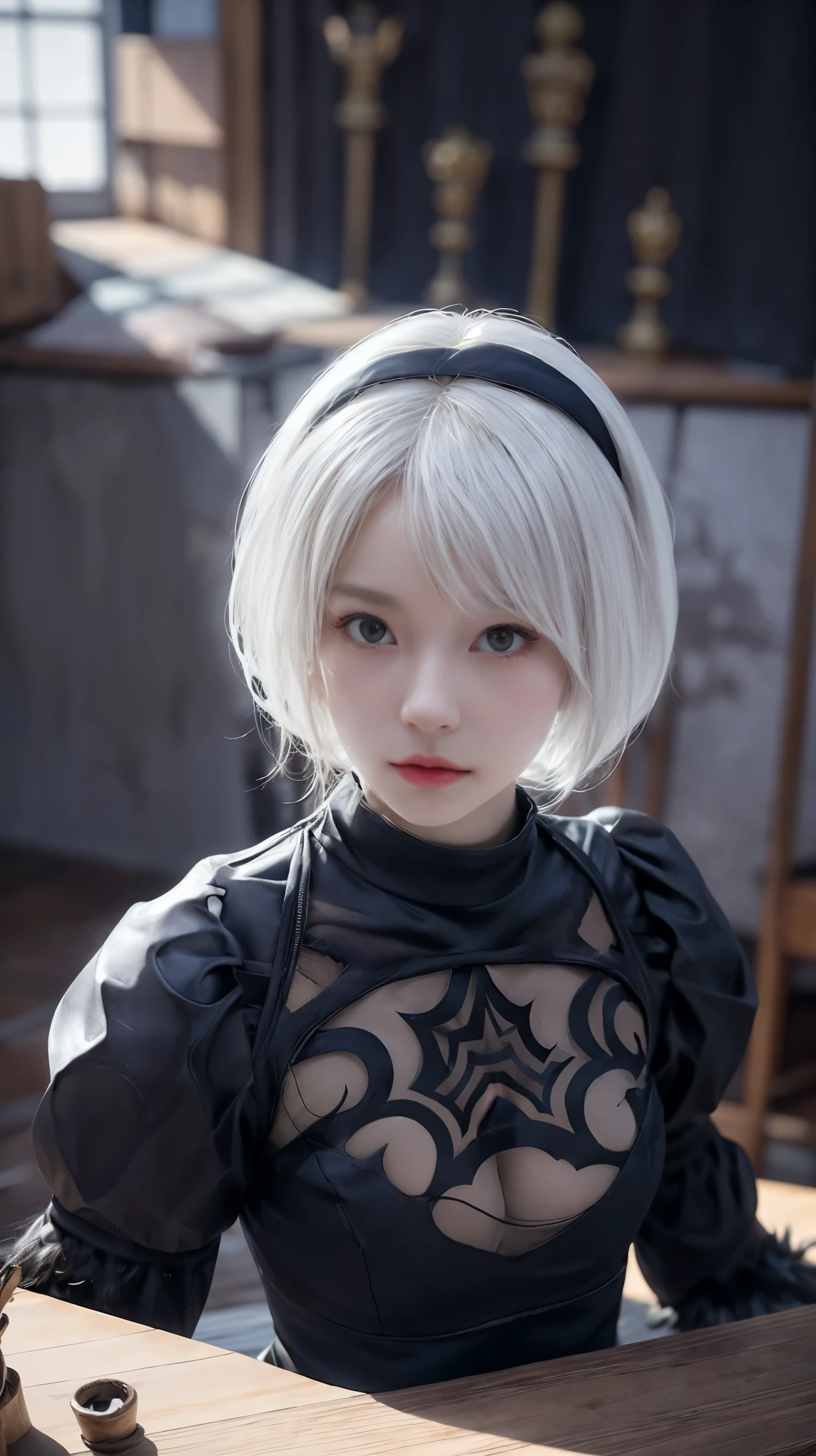 nier:Beautiful cosplay of 2B from Automata、A woman cosplaying as 2B、White skin、tall、Great style、Small face、Sharp Eye、Beautiful Face、Beautiful face、23 years old、British women、Half British、nier:2B&#39;s black costume from Automata、Light background、FantasyなWhite churchの中を背景に、White churchの真ん中にかっこよく立ってハンサムポーズ、Shooting from a diagonal angle、masterpiece、highest quality、high resolution、Fantasy、Glare、Anime Cosplay Makeup、Real Cosplay Photo、Cool and beautiful photos、Portrait from the waist up、handsome pose、Wrapped in a pale white glow、like、happiness、Kindness、Smoothly rendered