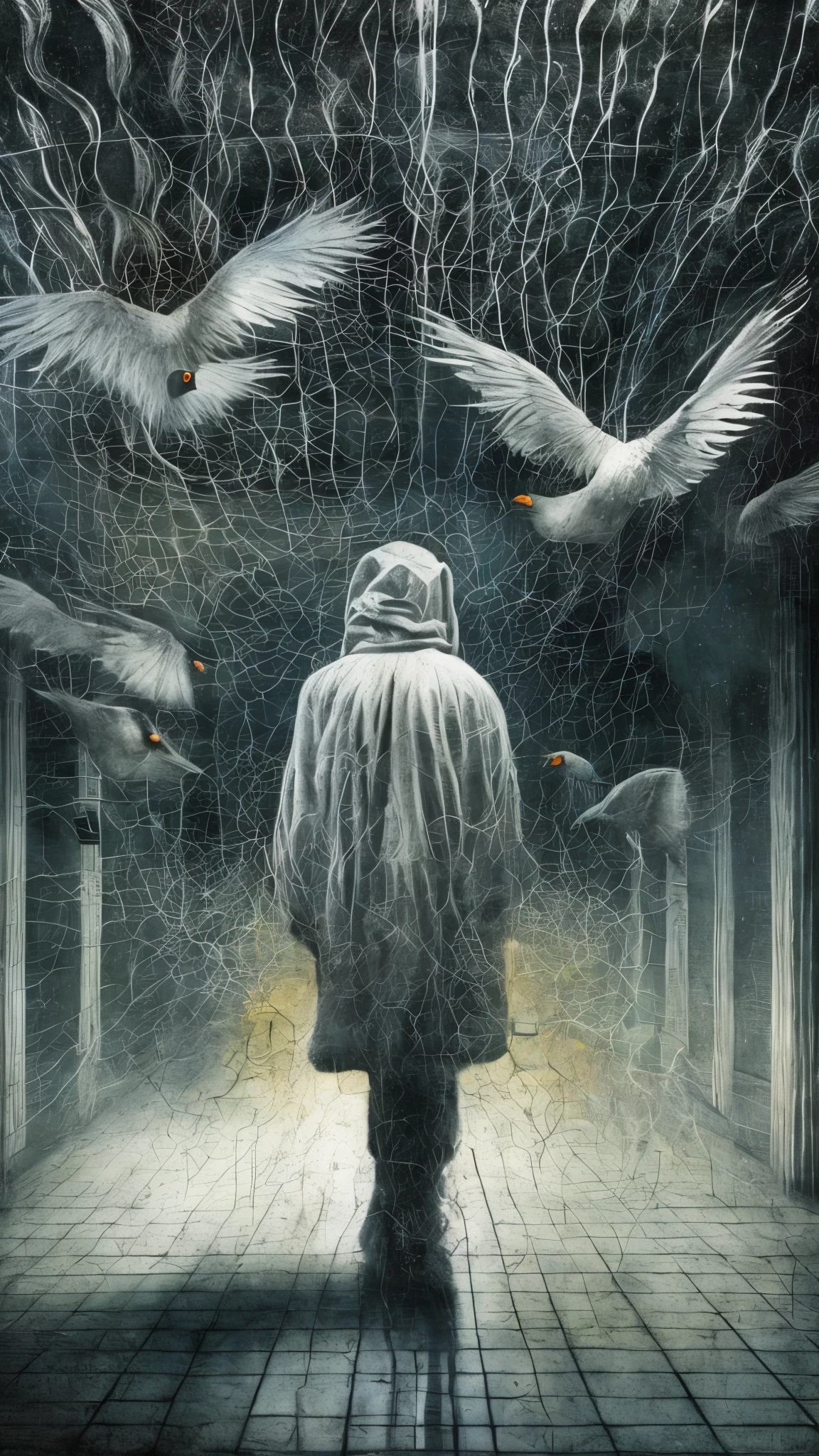 (best quality,4k,highres,masterpiece:1.2),ultra-detailed,(realistic,photo-realistic:1.37),surrealism,faceless shadow,wearing white protective clothing,crows flying,left the subway,illustration,dream-like,ethereal,surreal atmosphere,dark and mysterious,gloomy lighting,long dark shadows,subway station,empty platform,deserted surroundings,lone figure,foggy air,unreal proportions,uncanny feeling,menacing presence,birds swirling,ominous ambiance,engulfed in darkness,lost in time and space,distorted reality,otherworldly experience,unsettling sense of isolation,spectral and haunting,transcendent dimensions,parallel universe,unexplained phenomena,mysterious journey,lucid dream,illusionary realm,surrealistic concept,disrupted perception,colorful dreamscape,erased facial features,minimalistic yet powerful imagery,blurry contours,metaphysical interpretation,various shades of white,sharp contrast,hint of danger and intrigue,unseen menace,notions of anonymity,imposing ambiguity,subtle terror,engrossing and thought-provoking composition,whimsical elements,fascinating narrative,uncertainty and wonder.