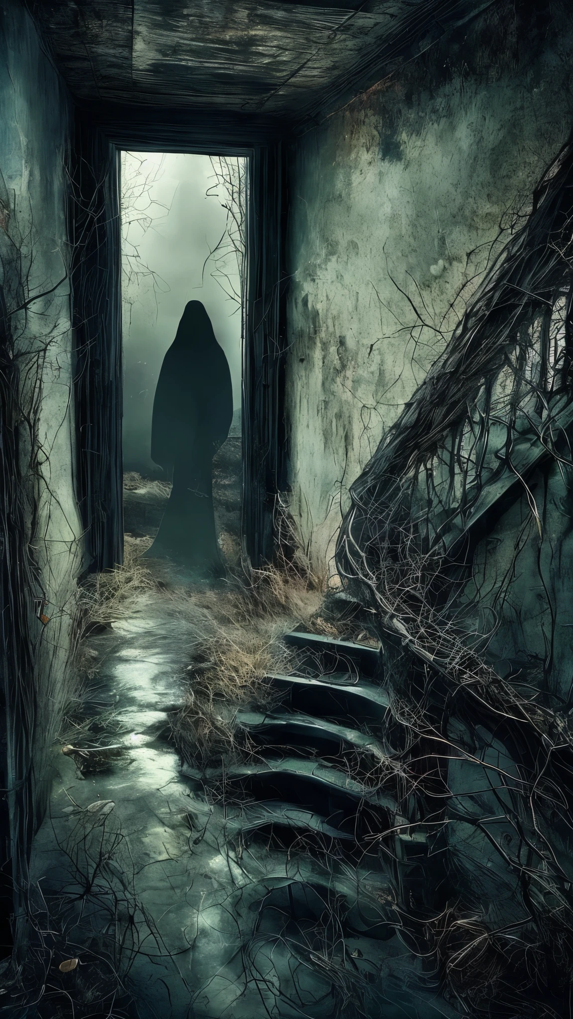 (best quality,4k,8k,highres,masterpiece:1.2),ultra-detailed,(realistic,photorealistic,photo-realistic:1.37),surrealism,faceless shadow,detailed eyes,beautiful detailed lips,white protective clothing,crows flying,left the subway,subway platform,narrow underground passage,winding stairs,dim lights,abandoned atmosphere,shadows and light contrast,unexpected encounter,mysterious aura,dark surrealism elements,twisted reality,strange and dreamlike setting,uncanny silence,mystical vibes,unsettling tension,unsettled emotions,emerging shadows,dark figures emerging from the darkness,haunting presence,surreal landscape,foggy mist,ethereal illusions,distorted perspectives,arcane symbolism,raven feathers,ominous atmosphere,ghostly whispers,dreamy and eerie atmosphere,unclear boundaries of reality and imagination,haunting beauty,mind-bending scenarios,spooky ambiance,otherworldly experience,ceiling dripping with water,melancholic mood,lonely and isolated feeling,industrial urban decay,hauntingly beautiful haunting presence,sublime beauty of the unknown,awe-inspiring imagery,mysterious and enigmatic scenes,enigmatic story waiting to be unravelled,visual paradoxes,chilling and captivating visual journey,contrast between light and darkness,vivid colors with desaturated tones,subtle hints of color to enhance atmosphere.