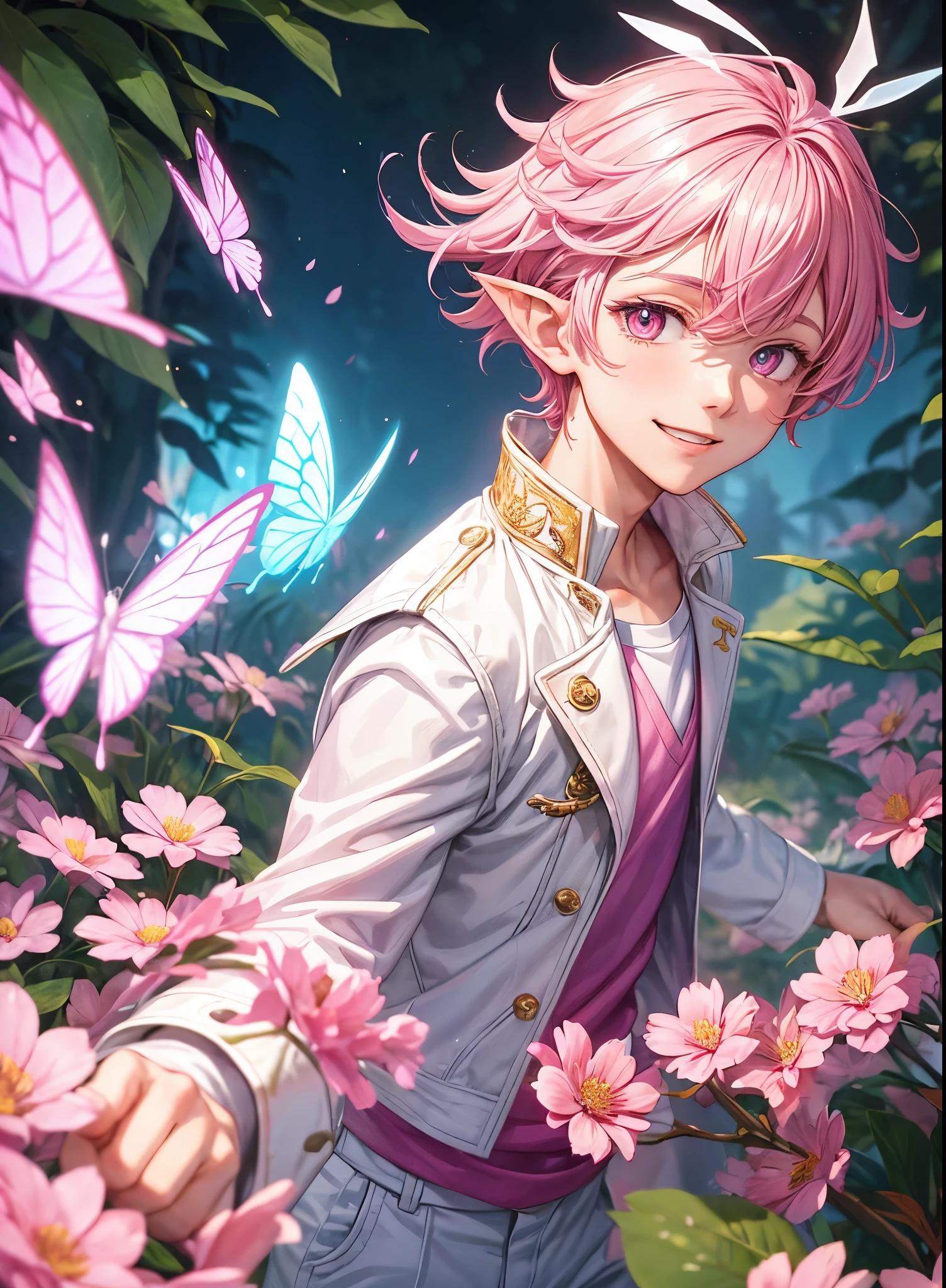 (((male))), (((wearing fantasy clothes))), ((clothes)), ((fantasy patterns on clothes)), ((magical patterns on clothes)), (light pink flowers), flat chest