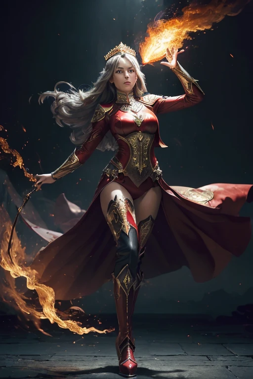 (master piece:1.8), (best quality:1.8), (exquisite lighting and shadow, highly dramatic picture, cinematic lens effect) 8k, wallpaper, dynamic pose, one foot in the floor one bend leg in the air, looking at the viewer, Full Body female long gray hair waving in the air dark fantasy warrior lady wearing an intricate elaborate futuristic thin super hero red suit with white notorious ornament lines no sleeves, with a big shiny gold crown with red gems, with large middle thighs red leather boots, holding two fire balls in the hands, thin waist, notorious hips, super sexy girl, frown look in the eyes, fire explosion behind, ethereal lightning, sharp focus